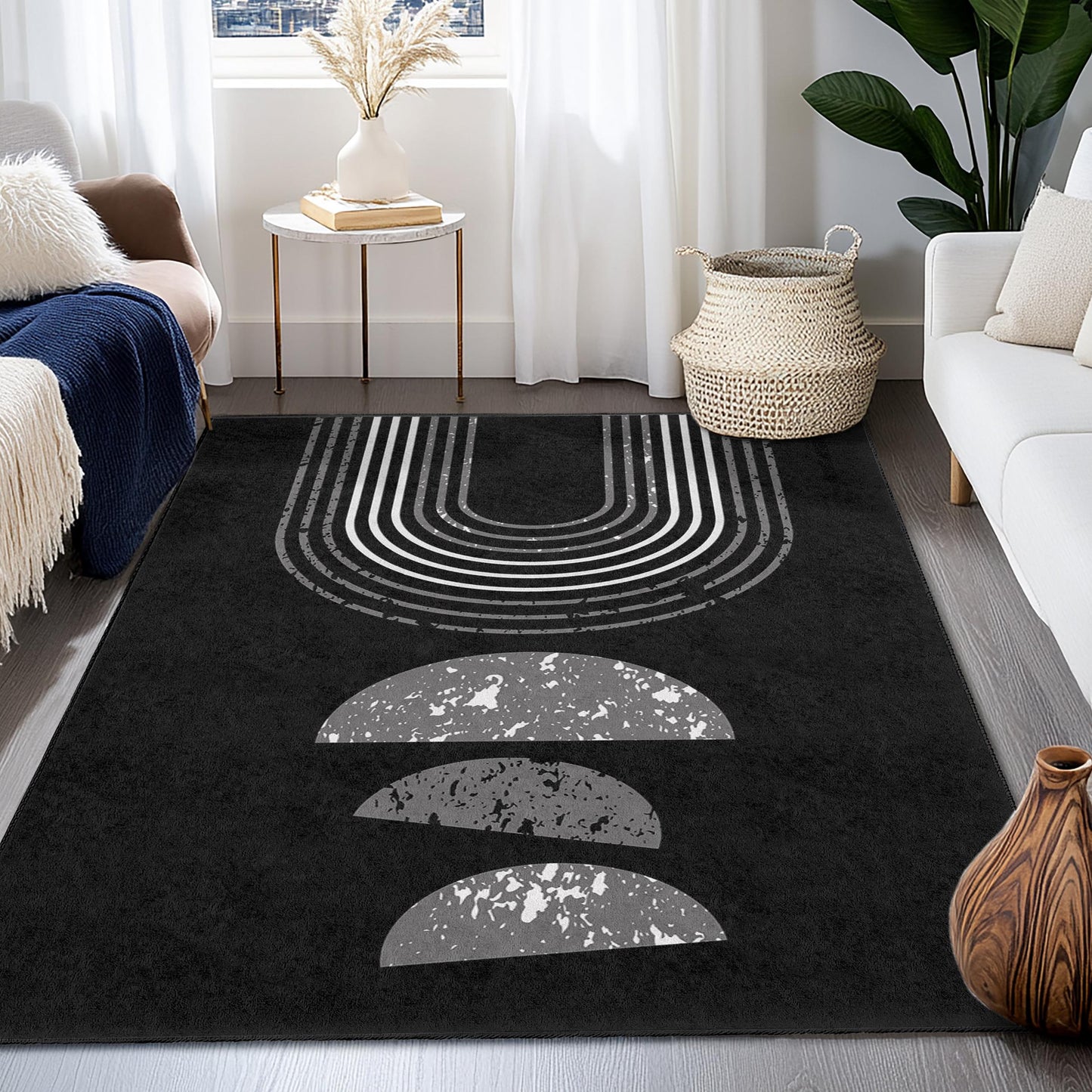 Moderner geometrischer rechteckiger Teppich, stilvoller schwarz-weißer Teppich, zeitgenössische Wohndekoration, Wohnzimmerteppich, abstrakter Designteppich