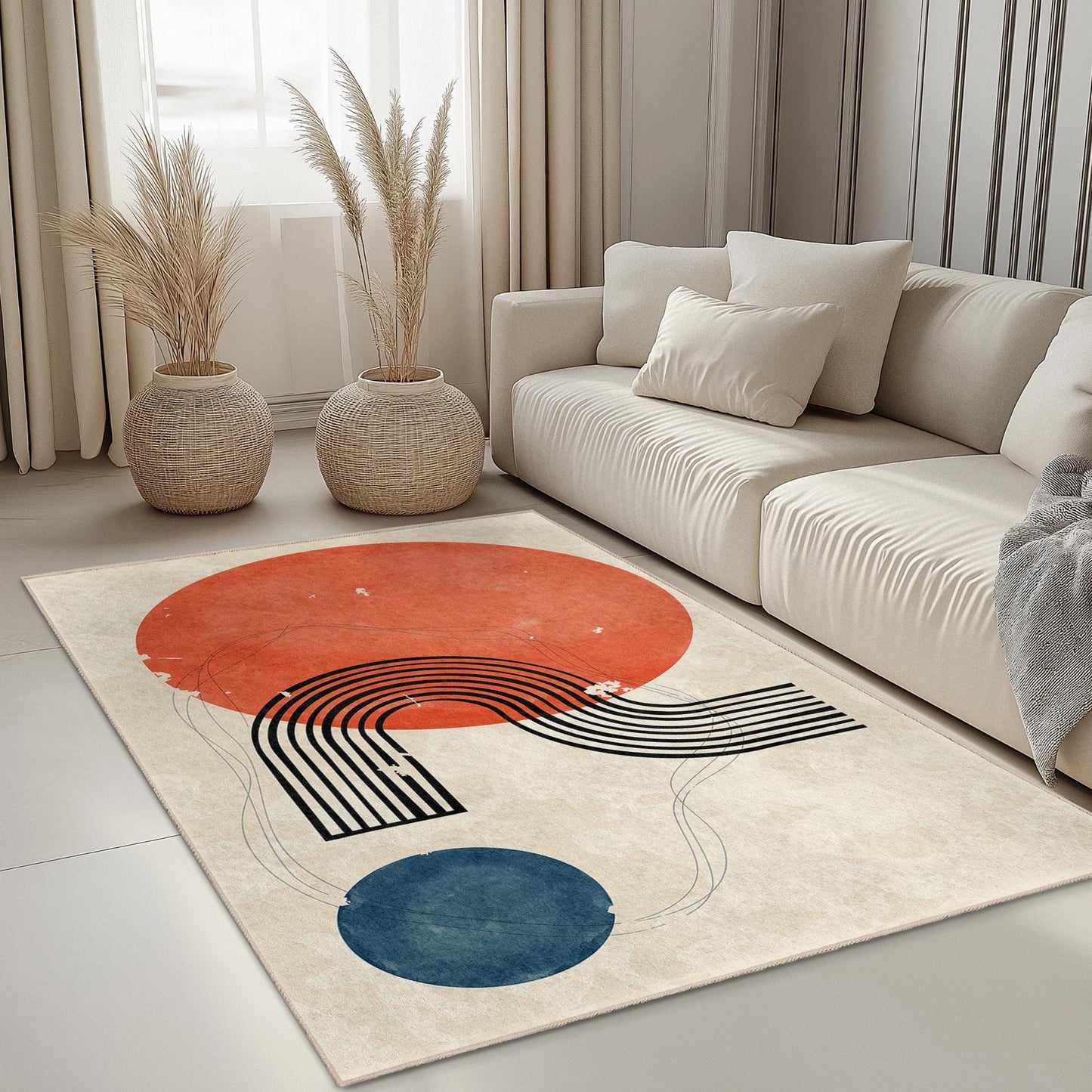 Abstrakter geometrischer Rechteckteppich, moderner Kunstteppich, Boho-Dekor-Teppich, stilvoller Bodenbelag, zeitgenössischer Designteppich