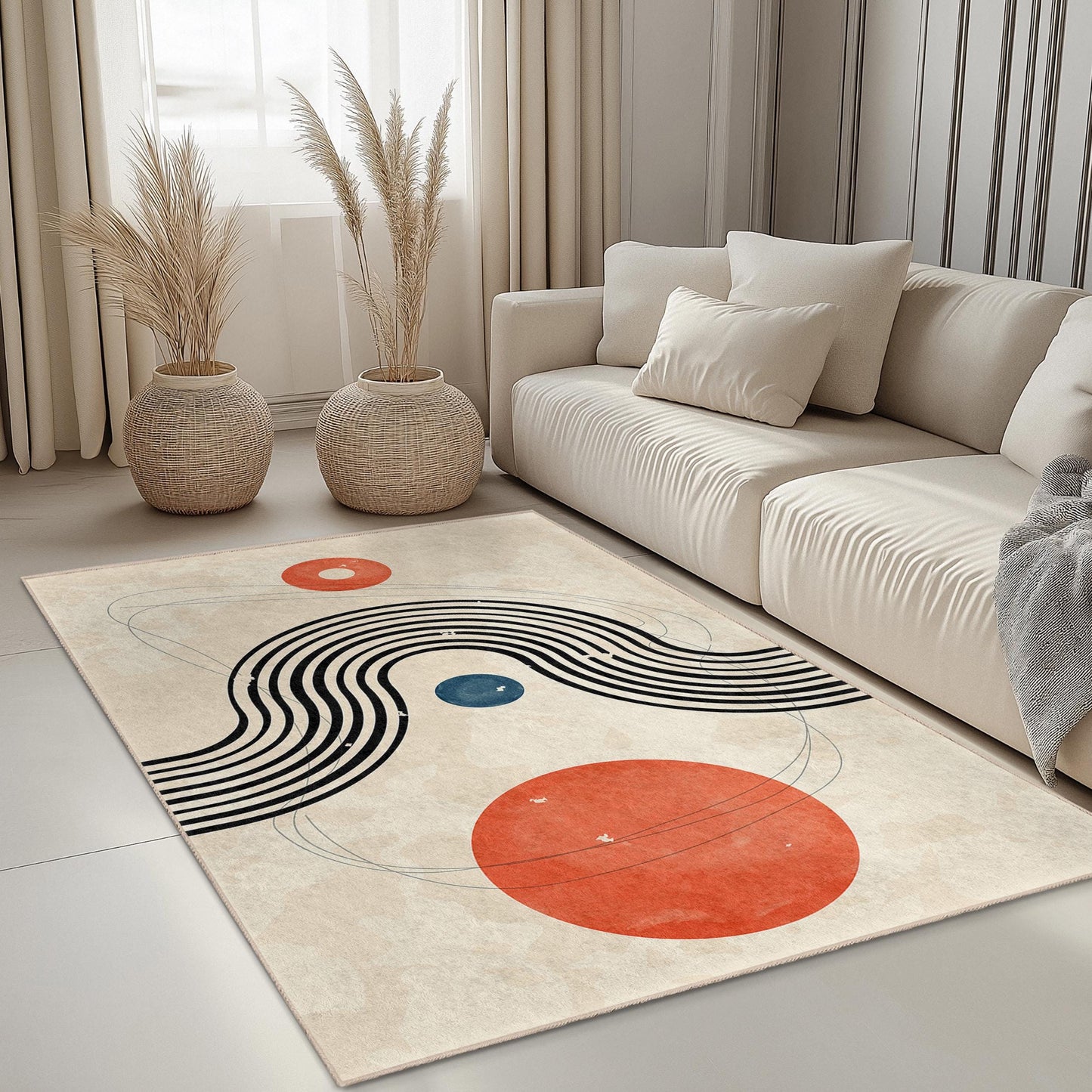 Abstrakter geometrischer rechteckiger Teppich, moderner Kunstteppich fürs Wohnzimmer, zeitgenössische Wohndekoration, stilvoller Teppich fürs Schlafzimmer