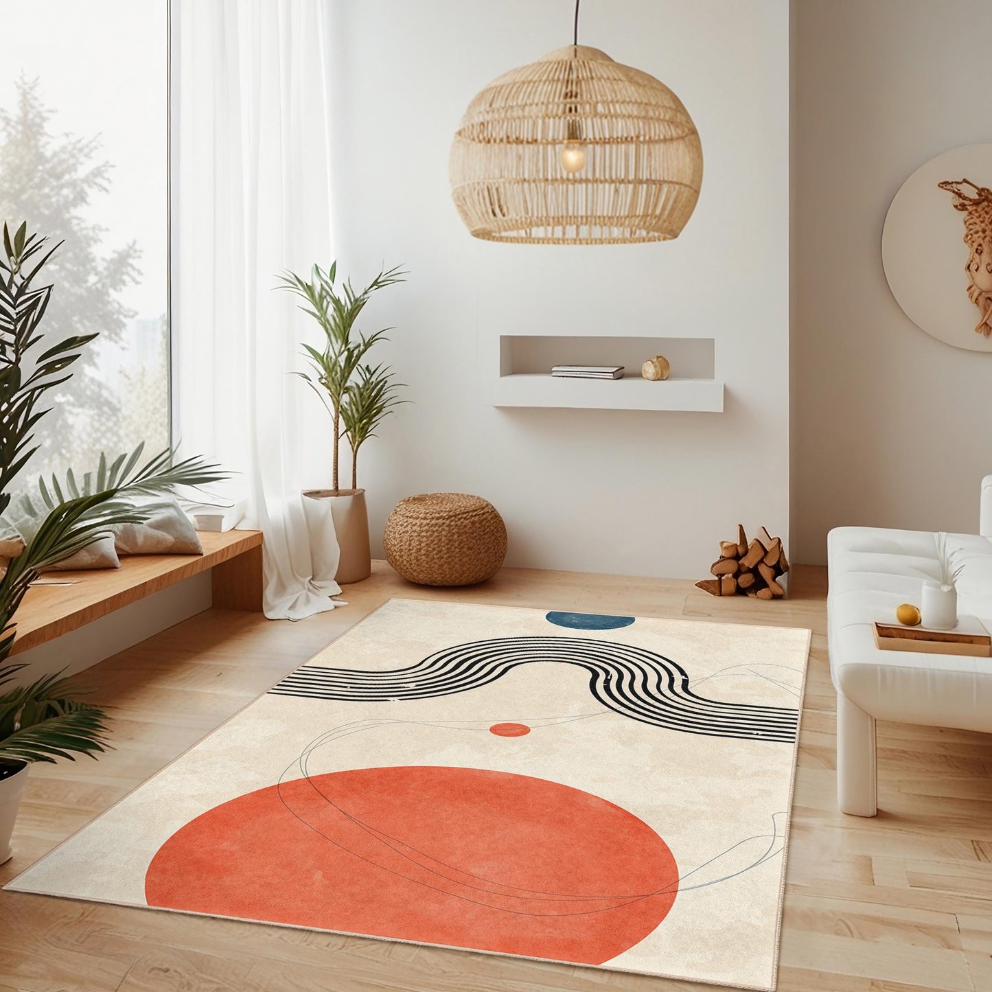 Teppich mit abstraktem Linien- und Formenmuster, moderner rechteckiger Wohnzimmerteppich, Boho-Stil, stilvolle Fußmatte