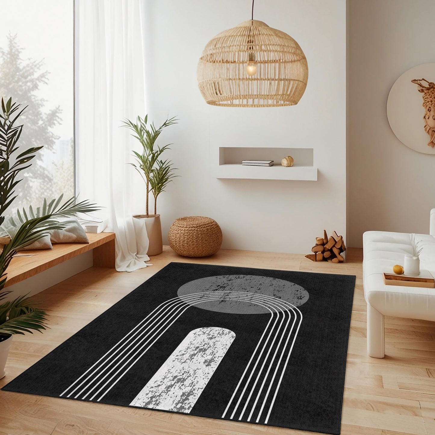 Moderner abstrakter rechteckiger Teppich, schwarz-weißer geometrischer Teppich, minimalistische Wohndekoration, stilvoller Wohnzimmerteppich, Blickfang