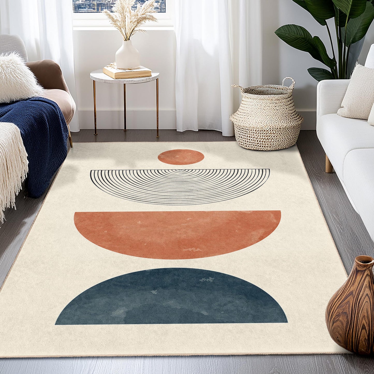 Geometrischer Teppich mit Kreisen und Halbkreisen, moderner rechteckiger Dekoteppich, Wohnzimmerteppich, Boho-Dekoration, weiche Fußmatte