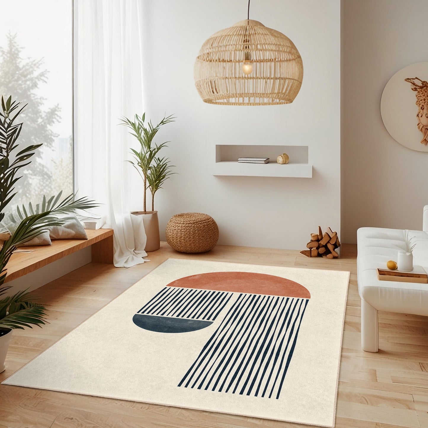 Abstrakter geometrischer rechteckiger Teppich, moderner minimalistischer Designteppich, Boho-Dekor fürs Wohnzimmer, schicke Wohnaccessoire-Matte