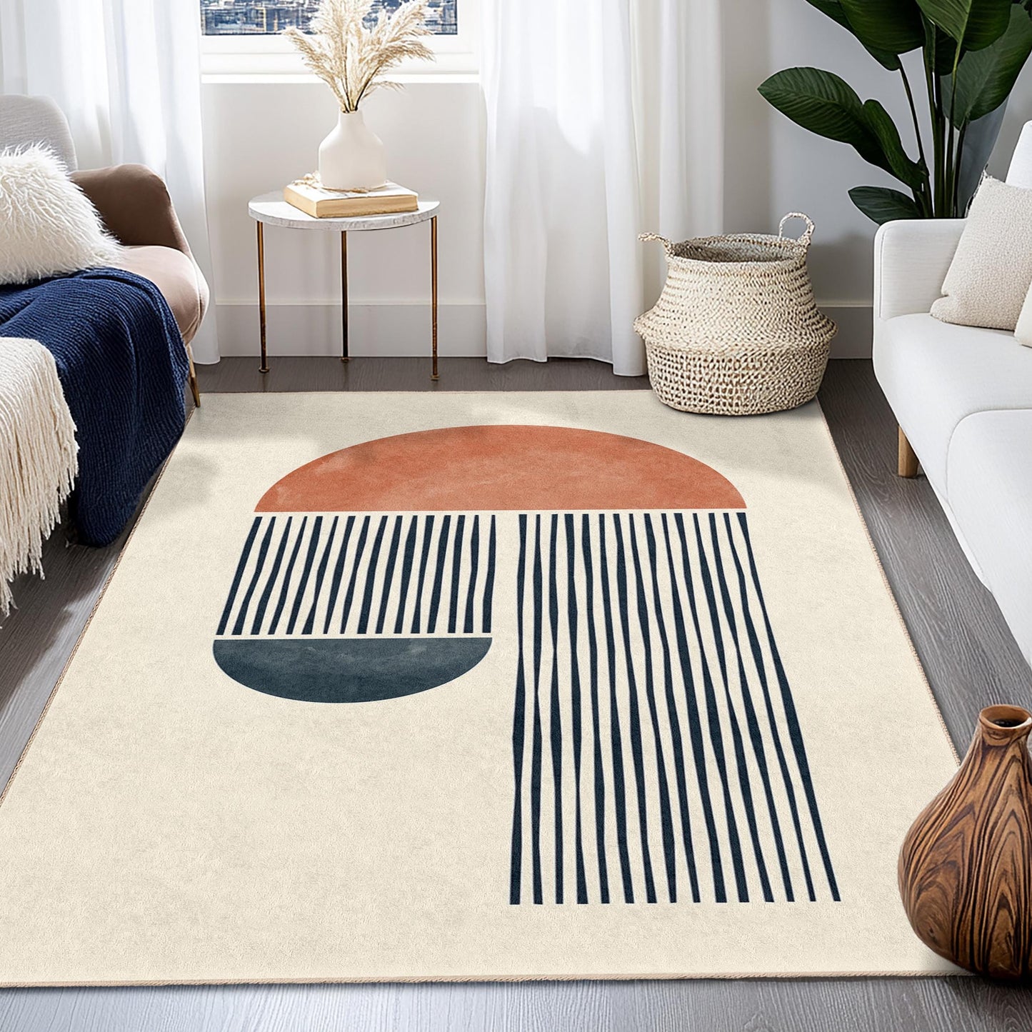 Abstrakter geometrischer rechteckiger Teppich, moderner minimalistischer Designteppich, Boho-Dekor fürs Wohnzimmer, schicke Wohnaccessoire-Matte