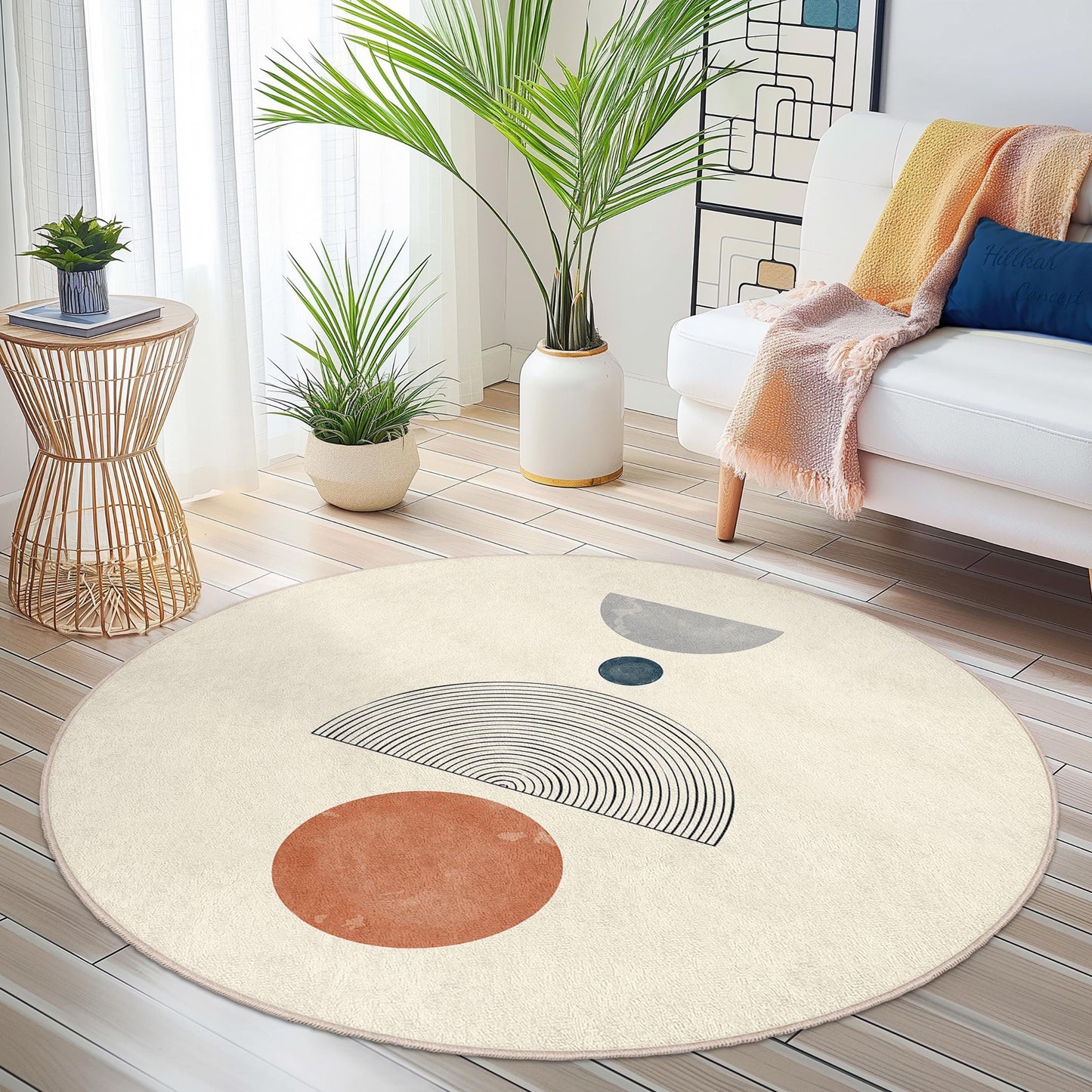 Moderner, abstrakter runder Teppich, geometrisches Kreisdesign, weicher Wohnzimmerteppich, runde Matte im Boho-Stil, stilvolles Wohnaccessoire