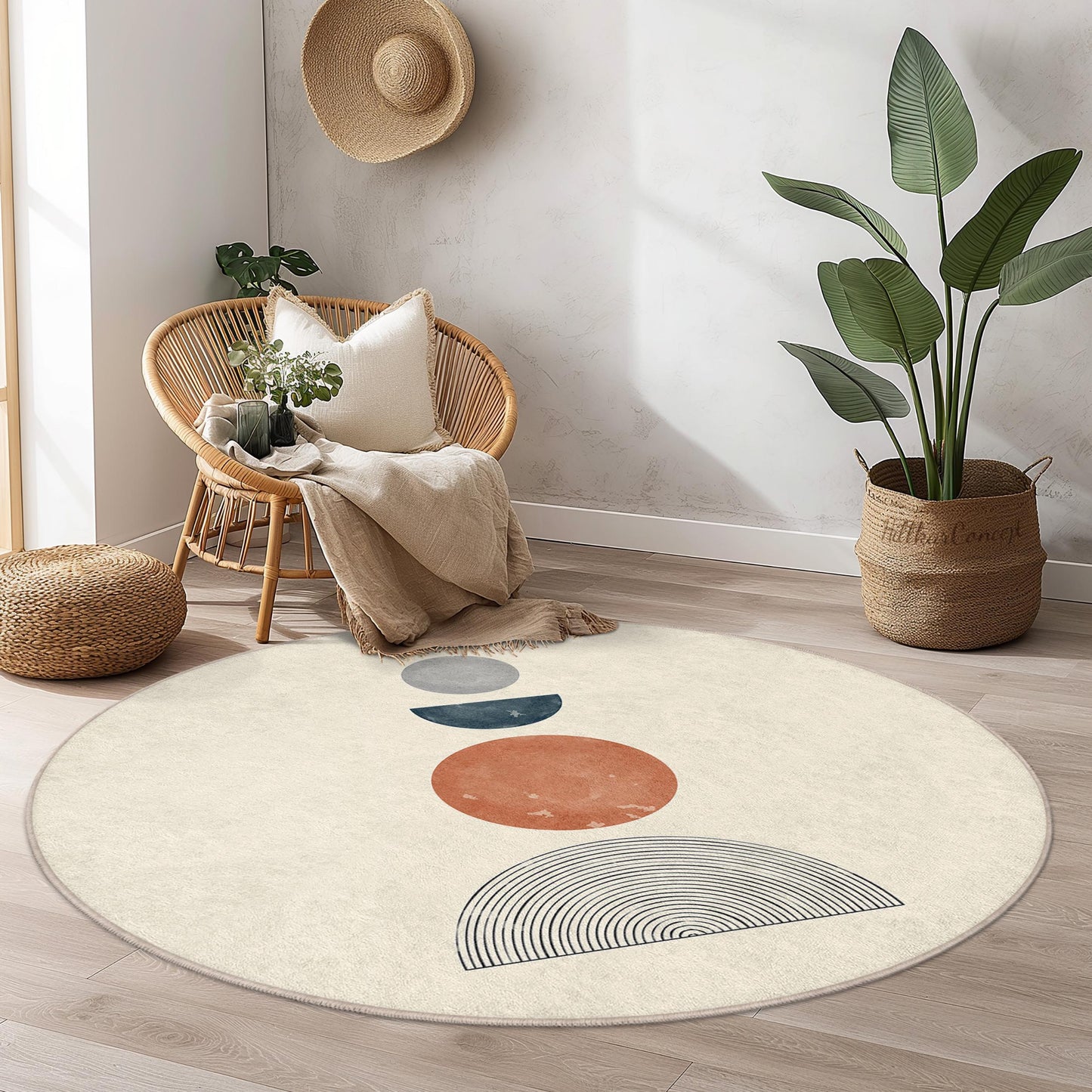 Abstrakter runder Teppich, moderner runder Teppich, Wohnaccessoire im Bohème-Stil, weiche runde Matte, einzigartiger Wohnzimmerteppich, stilvoller runder Bodenbelag