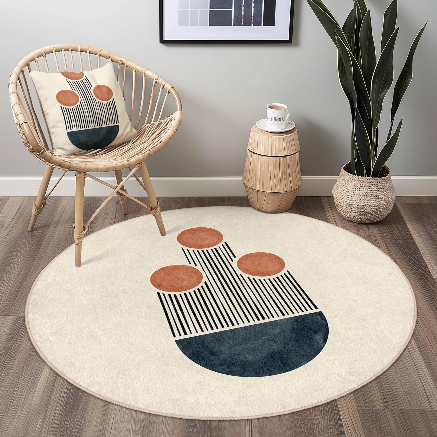 Abstrakter runder Teppich, moderner runder Teppich, runder Boho-Teppich, geometrische Wohndekoration, Wohnzimmerteppich, einzigartige Fußmatte