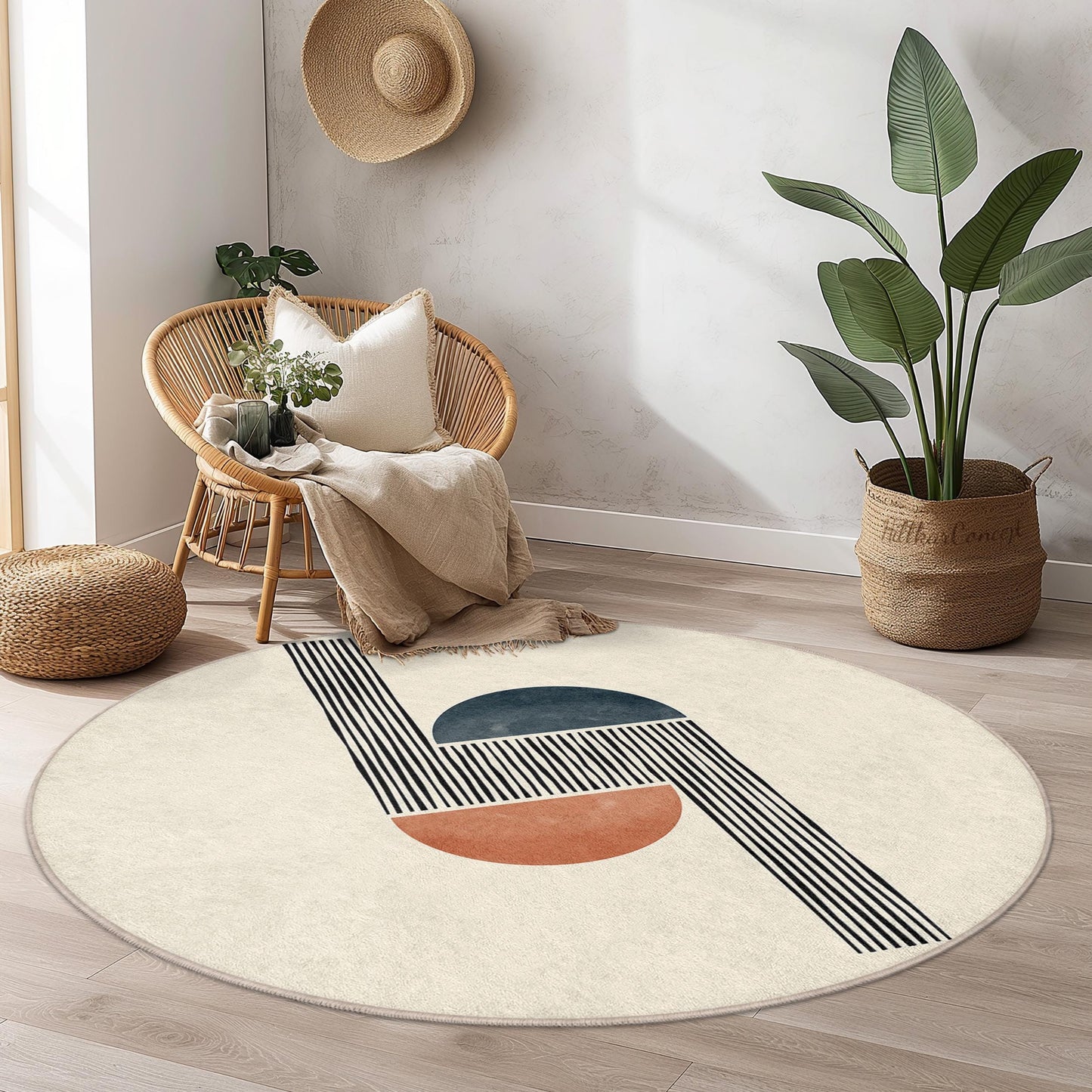 Moderner geometrischer runder Teppich, minimalistischer Kreisteppich, abstraktes Design, stilvolle Wohndekoration, Wohnzimmerteppich
