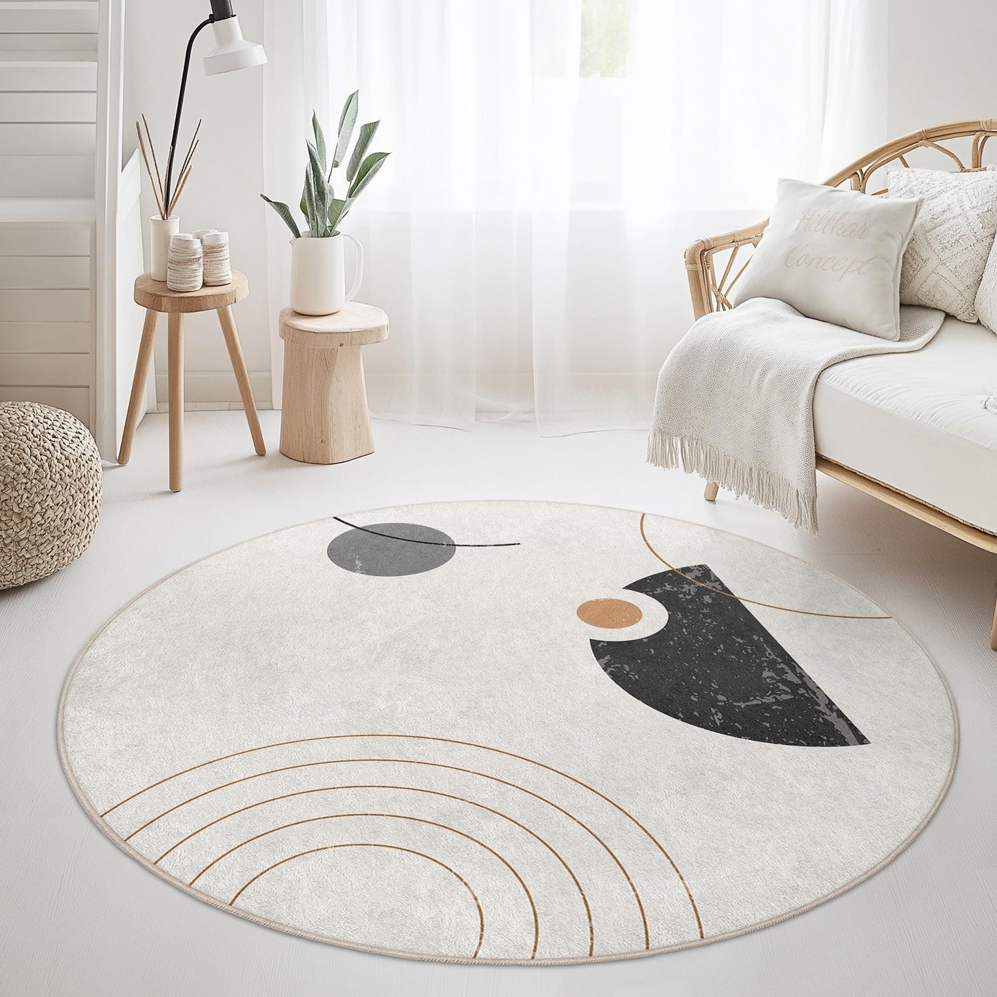 Abstrakter runder Teppich, moderner Kreisteppich, geometrische Fußmatte, stilvolle Wohndekoration, Wohnzimmerteppich, weicher runder Teppich
