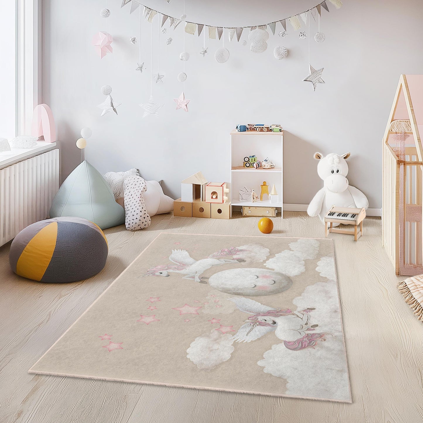 Rechteckiger Kinderteppich mit traumhaften Einhörnern, magischer Einhorn-Teppich, Kinderzimmerdeko, Babyzimmerteppich, Spielmatte mit Fantasy-Motiv