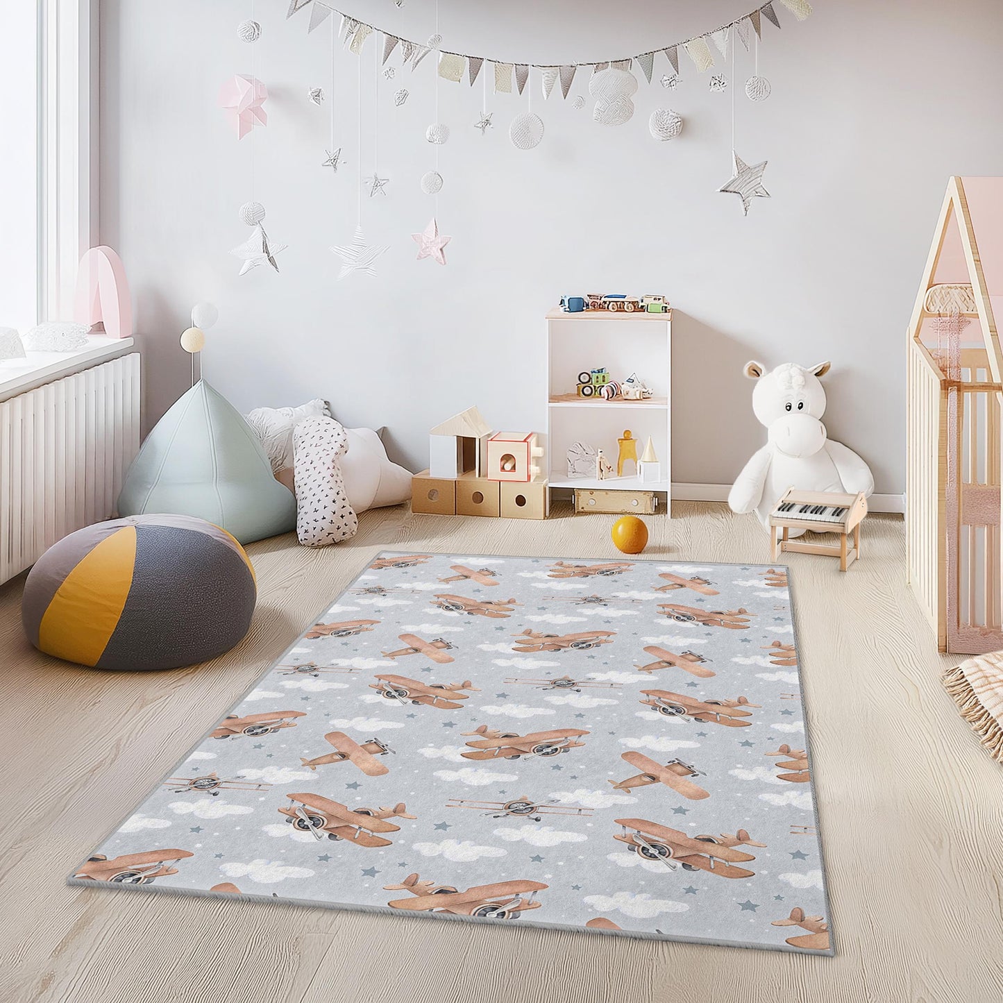 Rechteckiger Kinderteppich mit Flugzeugmuster, niedlicher Flugzeugteppich für Kinderzimmer und Spielzimmer, weicher Teppich fürs Schlafzimmer