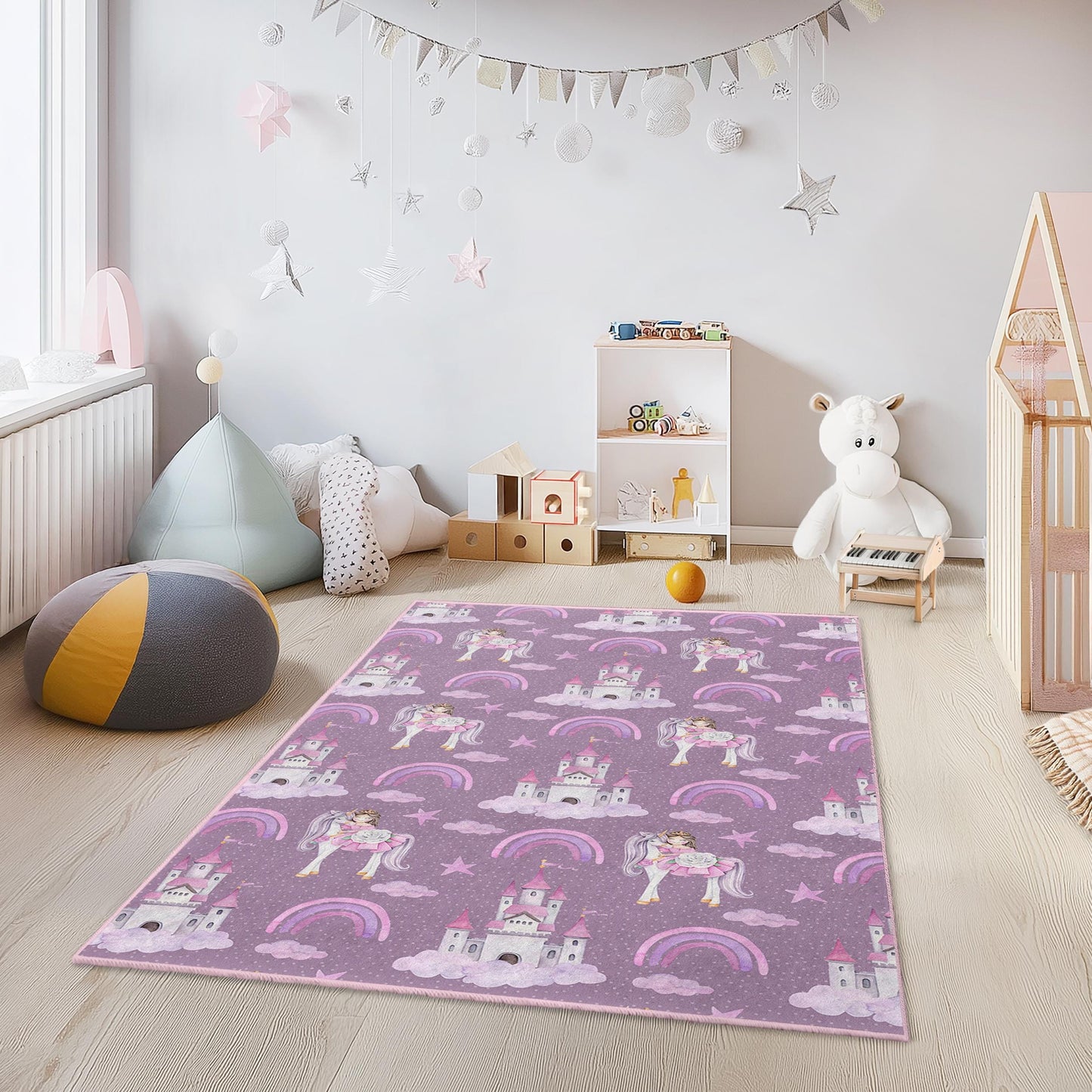 Prinzessinnenschloss- und Einhorn-Kinderteppich, niedliche rechteckige Spielmatte, Fantasie-Kinderteppich, Kinderzimmerdeko, Teppich fürs Kinderzimmer