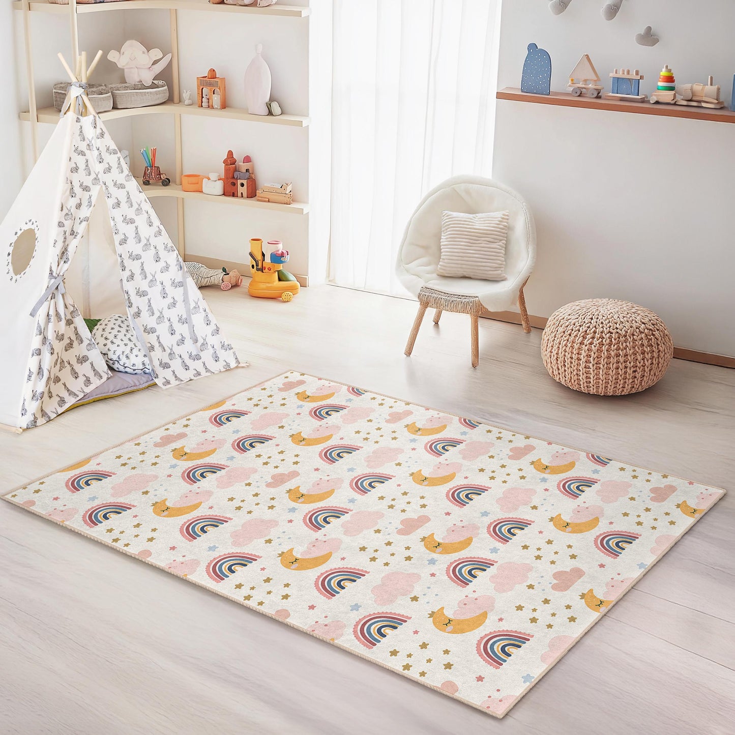 Regenbogen-Teppich für Kinder, niedlicher Regenbogen- und Mondteppich fürs Kinderzimmer, rechteckiger Spielzimmerteppich, Wolken- und Sternendekor
