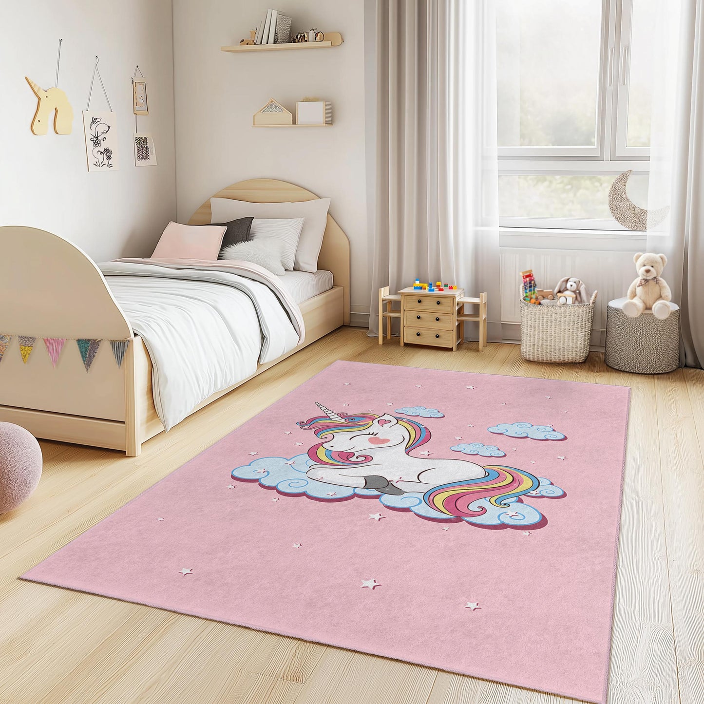 Rechteckiger Kinderteppich „Einhornträume“, niedlicher Einhornteppich, Spielzimmerdeko, Teppich für Kleinkinderzimmer, magischer Kinderzimmerteppich