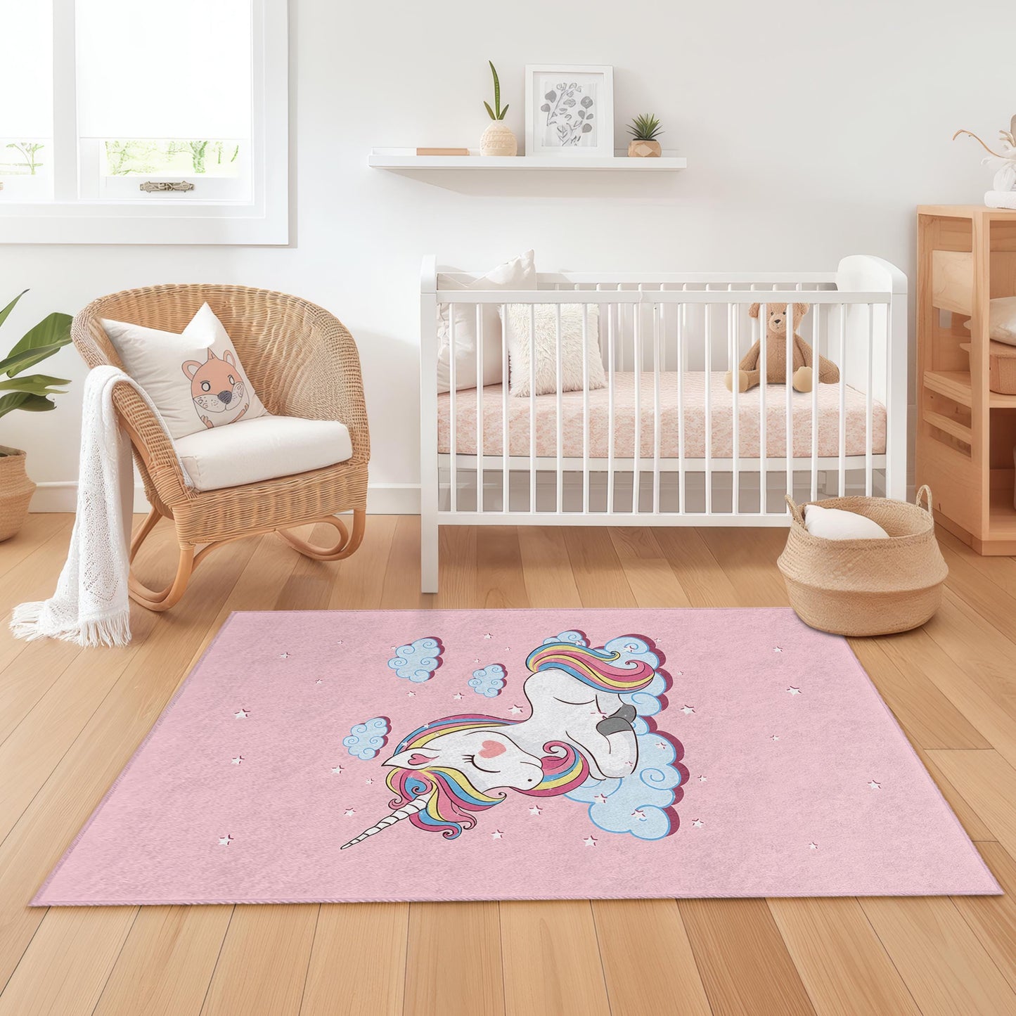 Rechteckiger Kinderteppich „Einhornträume“, niedlicher Einhornteppich, Spielzimmerdeko, Teppich für Kleinkinderzimmer, magischer Kinderzimmerteppich