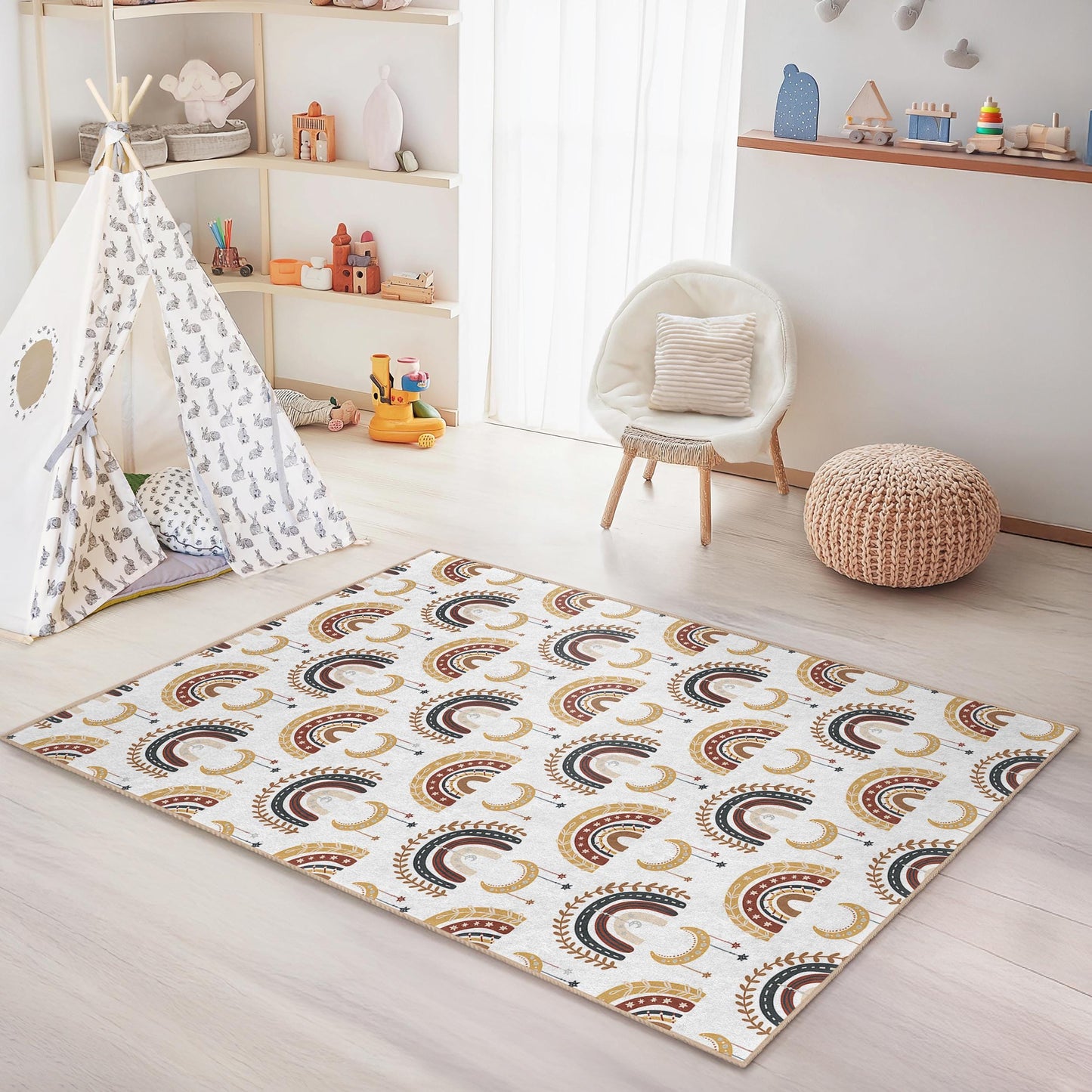 Bunter, rechteckiger Kinderzimmerteppich mit Regenbogenmuster, Boho-Kinderzimmerteppich, weicher Kinderteppich, Spielzimmerdekoration, Kinderteppich