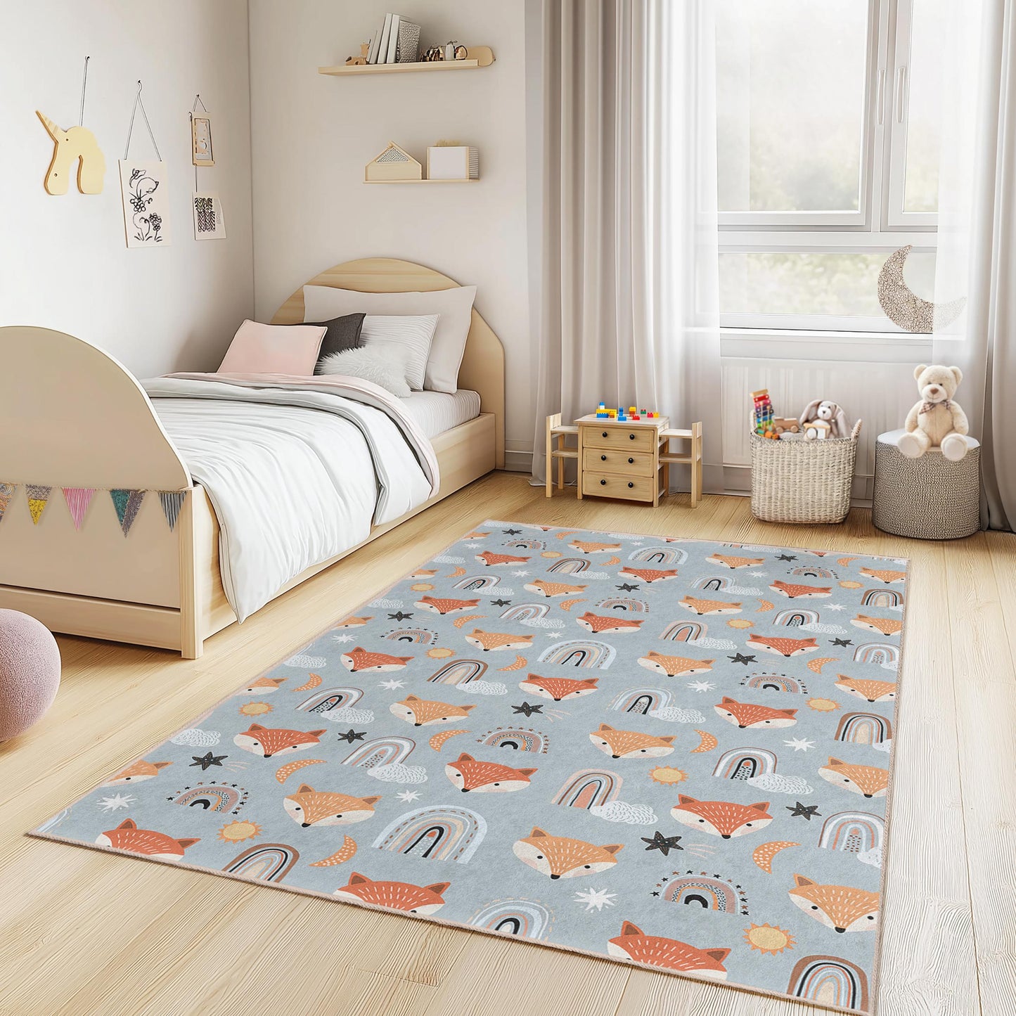 Kinderteppich mit verspielten Füchsen und Regenbögen, rechteckiger Spielteppich, niedliche Kinderzimmerdekoration, Spielmatte fürs Kinderzimmer, weiche Spielmatte