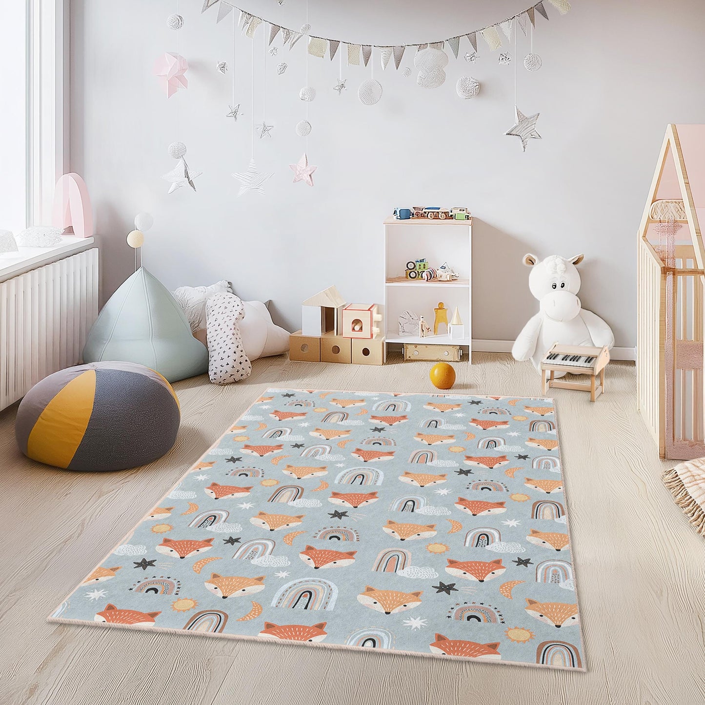 Kinderteppich mit verspielten Füchsen und Regenbögen, rechteckiger Spielteppich, niedliche Kinderzimmerdekoration, Spielmatte fürs Kinderzimmer, weiche Spielmatte