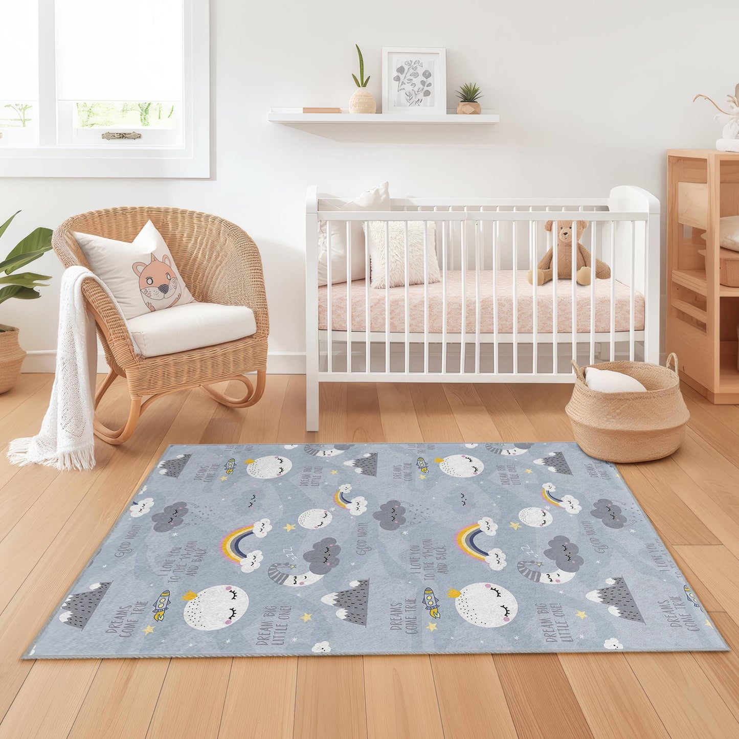 Rechteckiger Kinderteppich „Traumhafte Wolken“, weicher Kinderzimmerteppich, inspirierende Spielzimmerdekoration, gemütlicher Kinderzimmerteppich, Regenbogenmuster