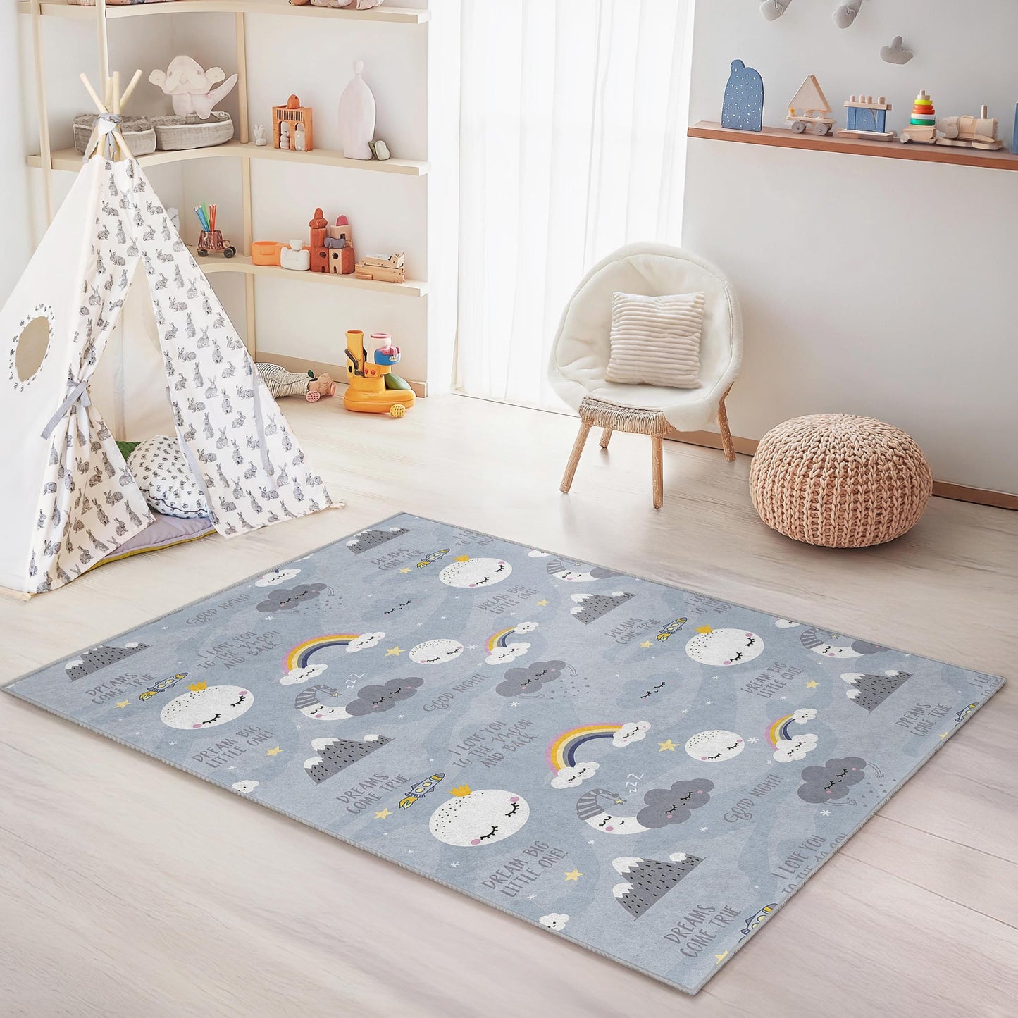 Rechteckiger Kinderteppich „Traumhafte Wolken“, weicher Kinderzimmerteppich, inspirierende Spielzimmerdekoration, gemütlicher Kinderzimmerteppich, Regenbogenmuster