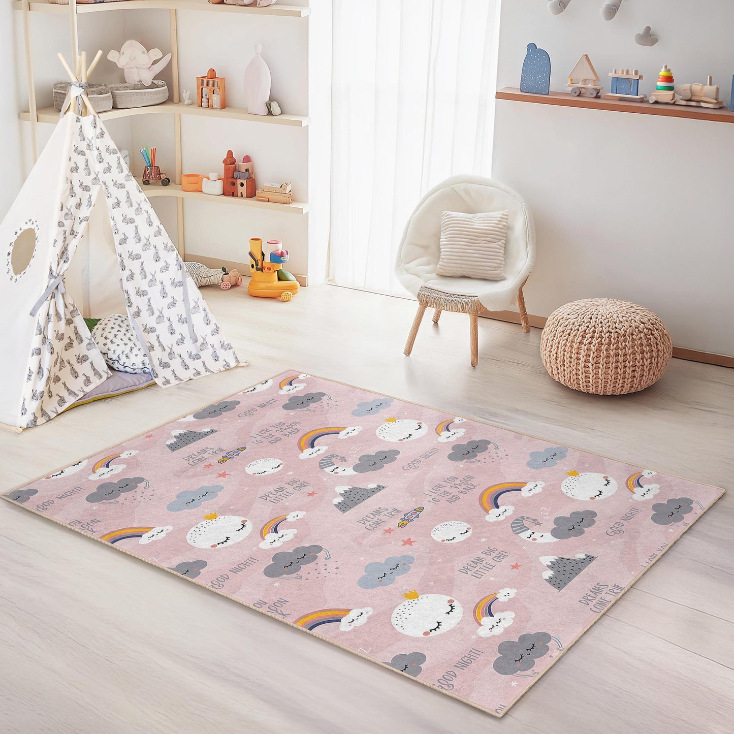 „Dream Big Little One“ Rechteckiger Kinderteppich, Niedlicher Wolken- und Regenbogen-Kinderzimmerteppich, Spielzimmerdeko, Weiche Kinderzimmermatte