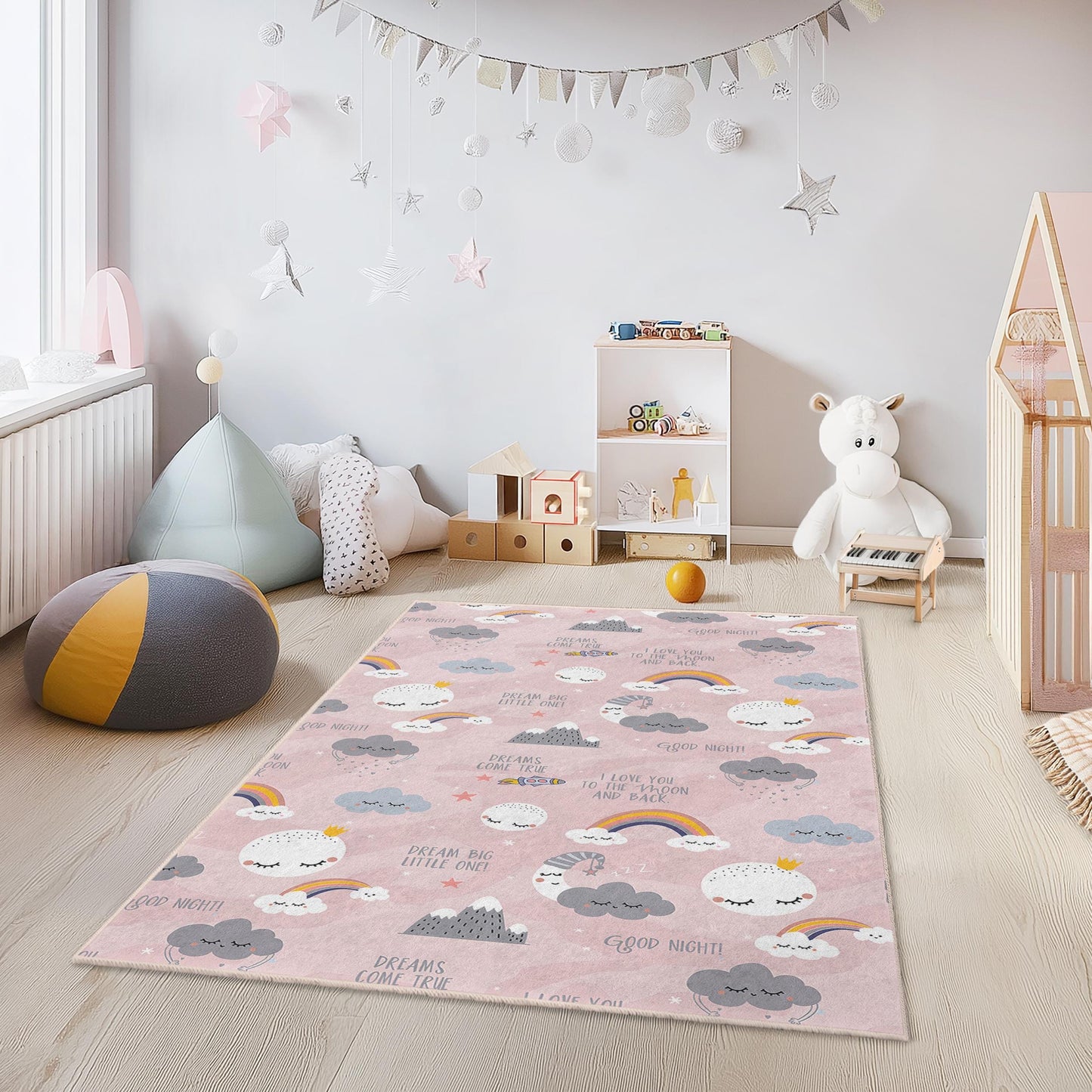 „Dream Big Little One“ Rechteckiger Kinderteppich, Niedlicher Wolken- und Regenbogen-Kinderzimmerteppich, Spielzimmerdeko, Weiche Kinderzimmermatte