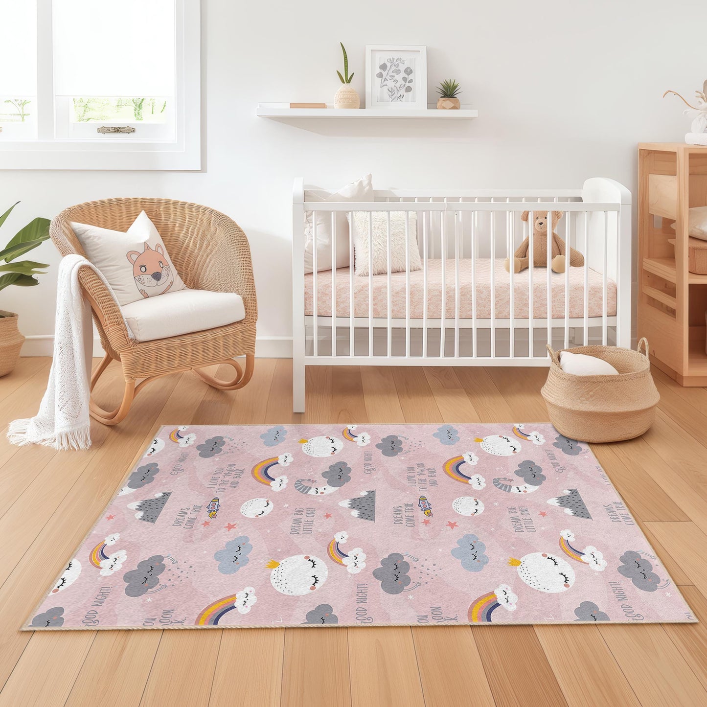 „Dream Big Little One“ Rechteckiger Kinderteppich, Niedlicher Wolken- und Regenbogen-Kinderzimmerteppich, Spielzimmerdeko, Weiche Kinderzimmermatte