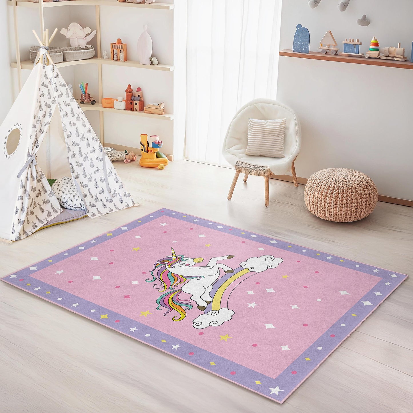 Magischer Einhorn-Kinderteppich, Regenbogen-Einhorn-Teppich fürs Spielzimmer, rechteckige Spielmatte fürs Kinderzimmer, weiche Kinderzimmerdekoration, fantasievoller Kinderteppich
