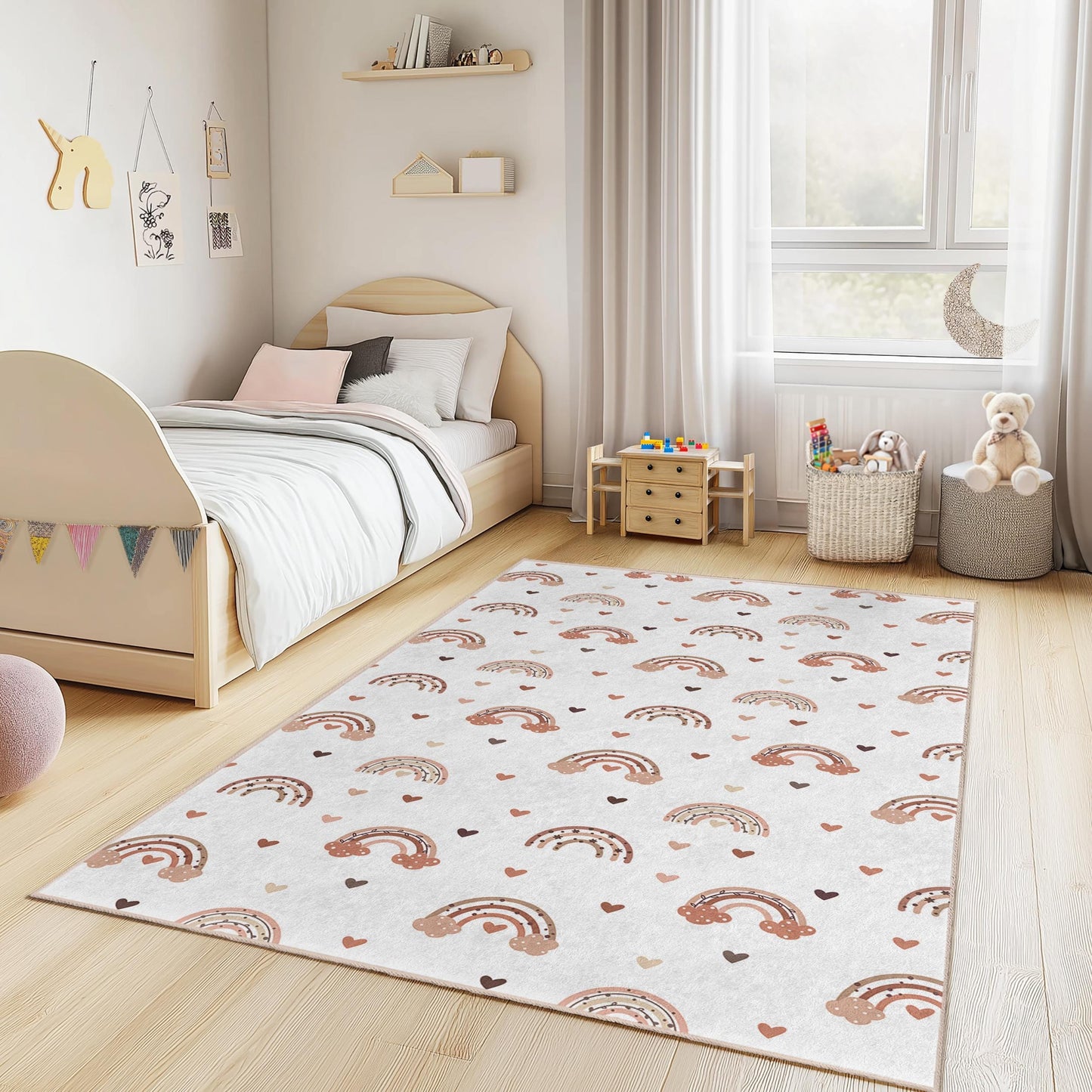 Bunter rechteckiger Kinderteppich mit Regenbogenherzen, niedlicher Regenbogen-Teppich, Spielzimmerdeko, Kinderzimmerteppich, weicher Kinderteppich