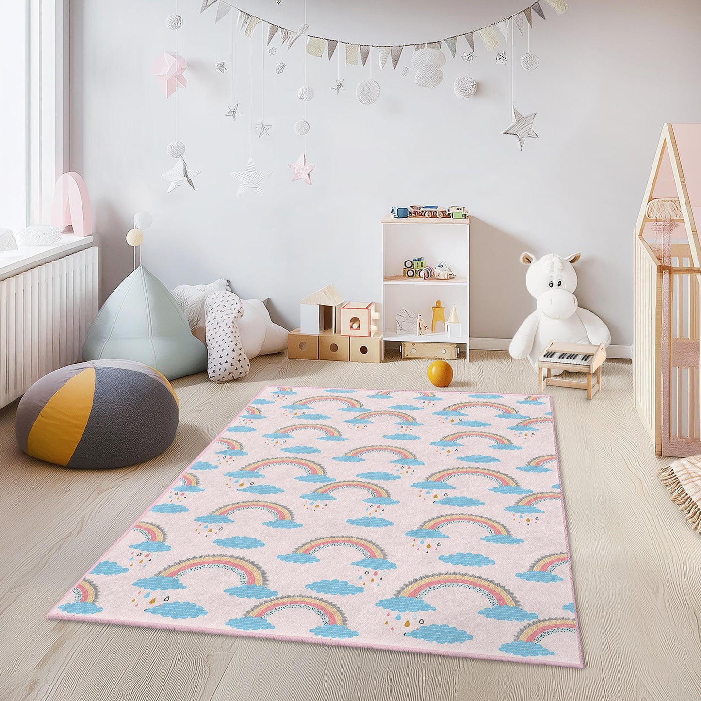 Kinderzimmerteppich mit Regenbogenwolkenmuster, niedlicher Regenbogen-Kinderzimmerteppich, rechteckiger Kinderzimmerteppich, farbenfrohe Spielzimmerdekoration, Geschenk zur Babyparty