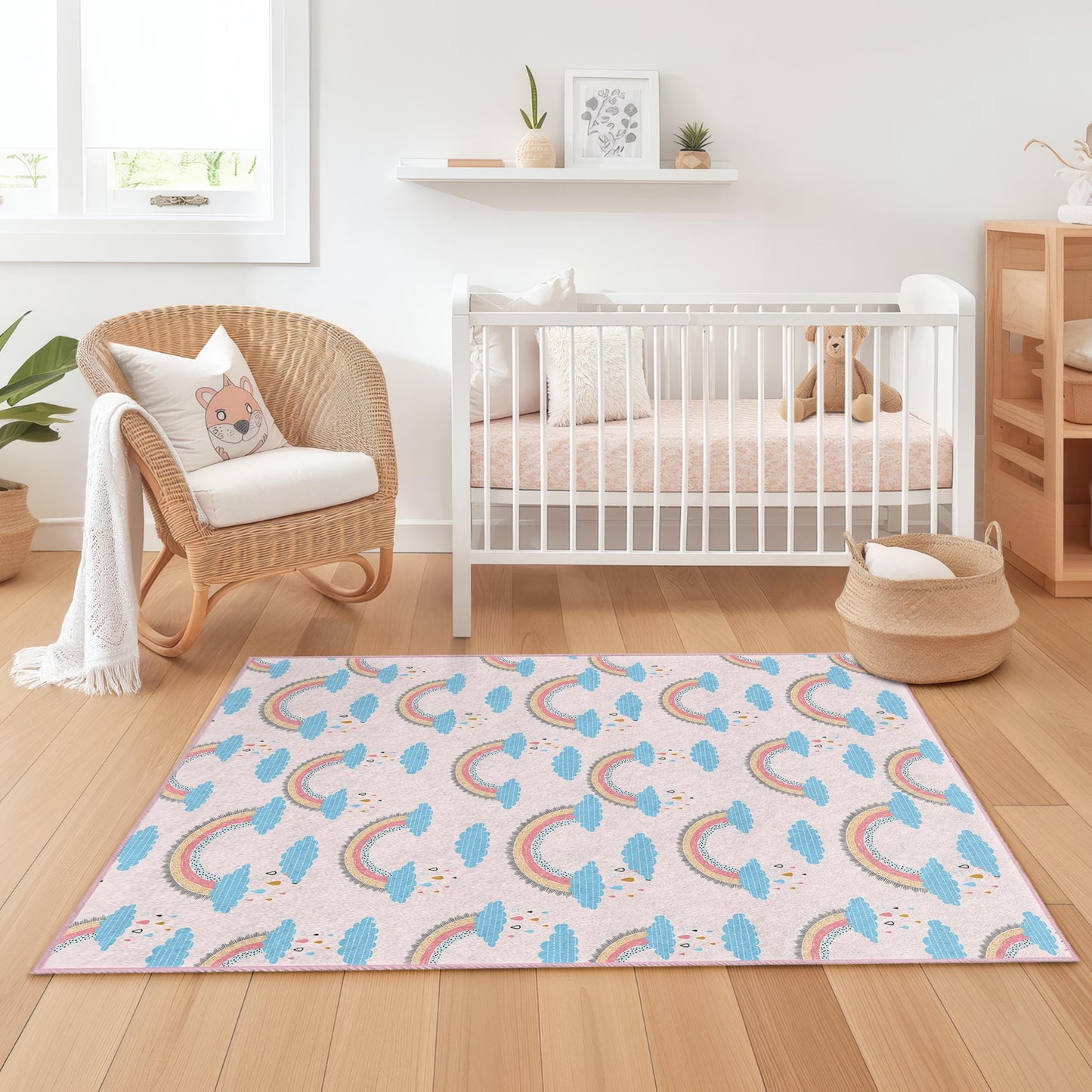 Kinderzimmerteppich mit Regenbogenwolkenmuster, niedlicher Regenbogen-Kinderzimmerteppich, rechteckiger Kinderzimmerteppich, farbenfrohe Spielzimmerdekoration, Geschenk zur Babyparty