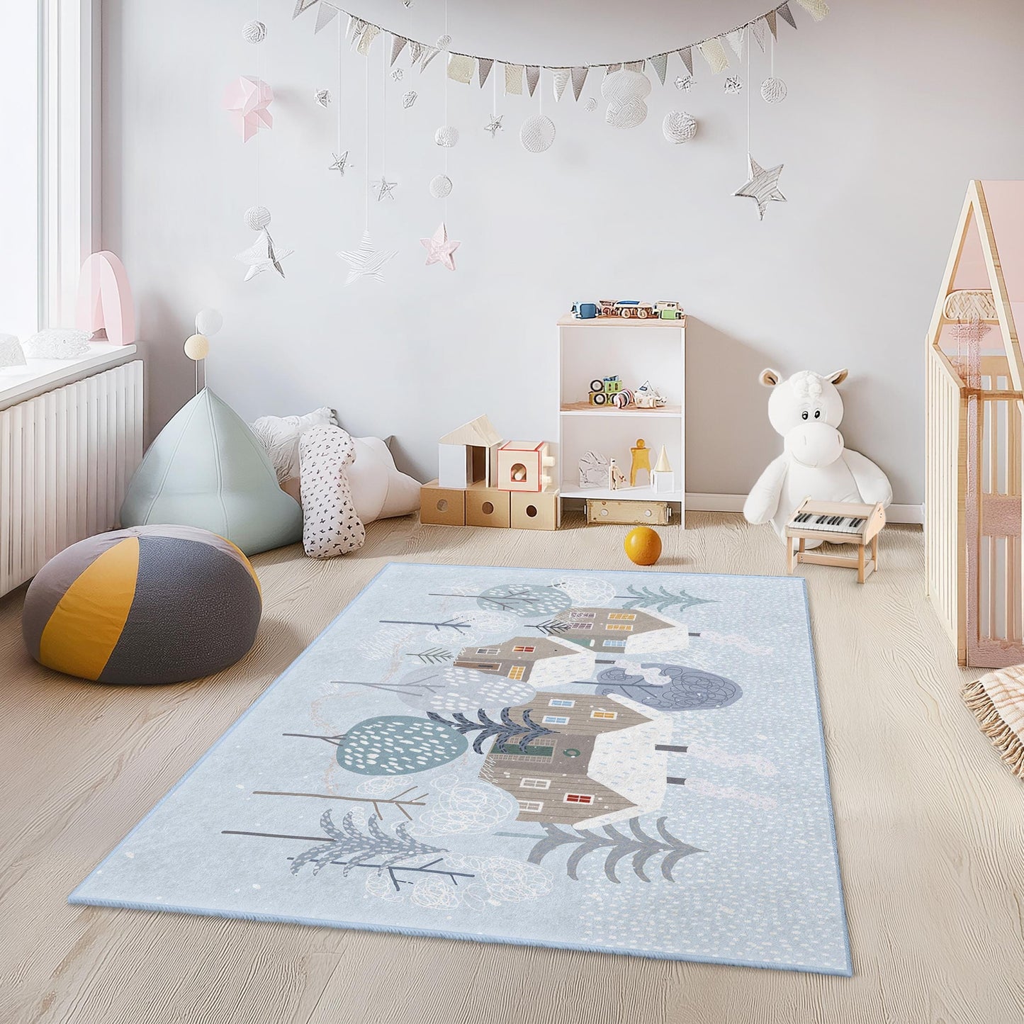Rechteckiger Kinderteppich „Winterwunderland“, Teppich im gemütlichen Hausdesign, Kinderzimmerdeko, weicher Winterteppich, Babyzimmerteppich, Spielzimmerteppich