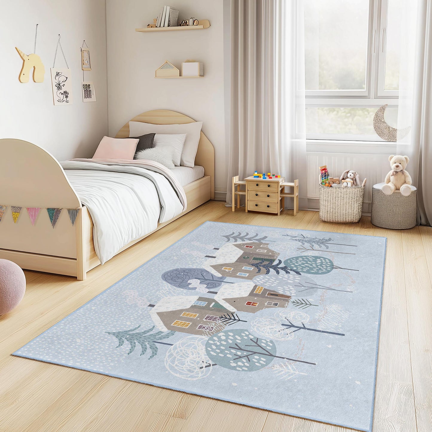 Rechteckiger Kinderteppich „Winterwunderland“, Teppich im gemütlichen Hausdesign, Kinderzimmerdeko, weicher Winterteppich, Babyzimmerteppich, Spielzimmerteppich