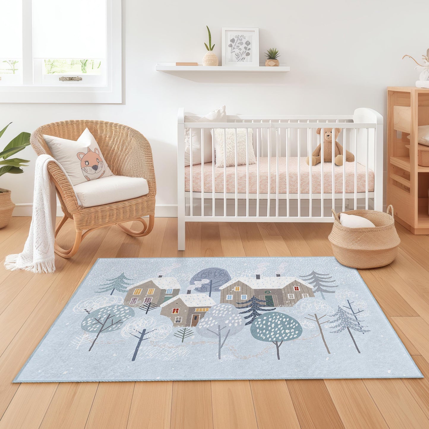 Rechteckiger Kinderteppich „Winterwunderland“, Teppich im gemütlichen Hausdesign, Kinderzimmerdeko, weicher Winterteppich, Babyzimmerteppich, Spielzimmerteppich