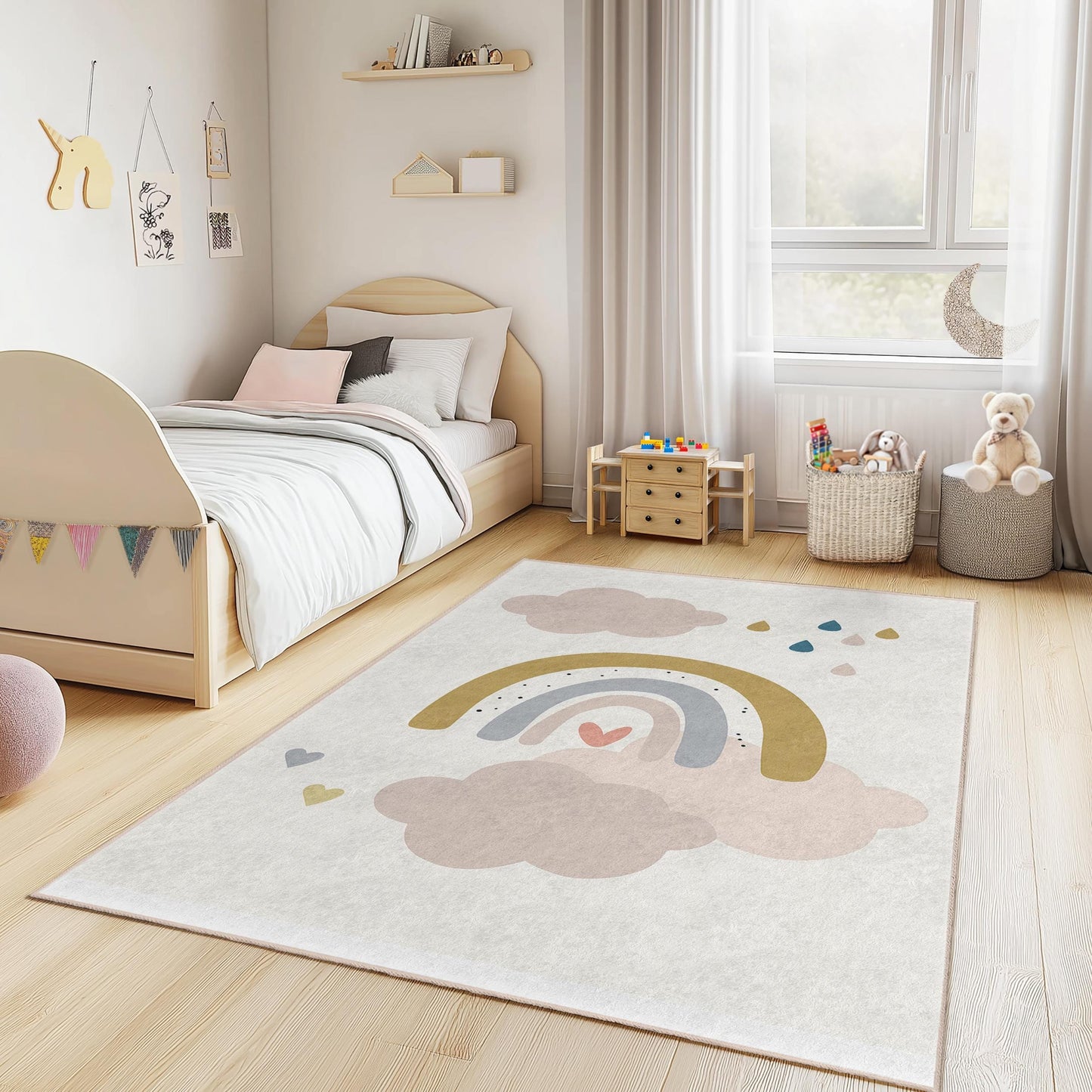Rechteckiger Kinderteppich „Regenbogenwolke“, weicher Teppich fürs Kinderzimmer, Kinderzimmerdeko, Spielzimmerteppich, bunter Kinderteppich