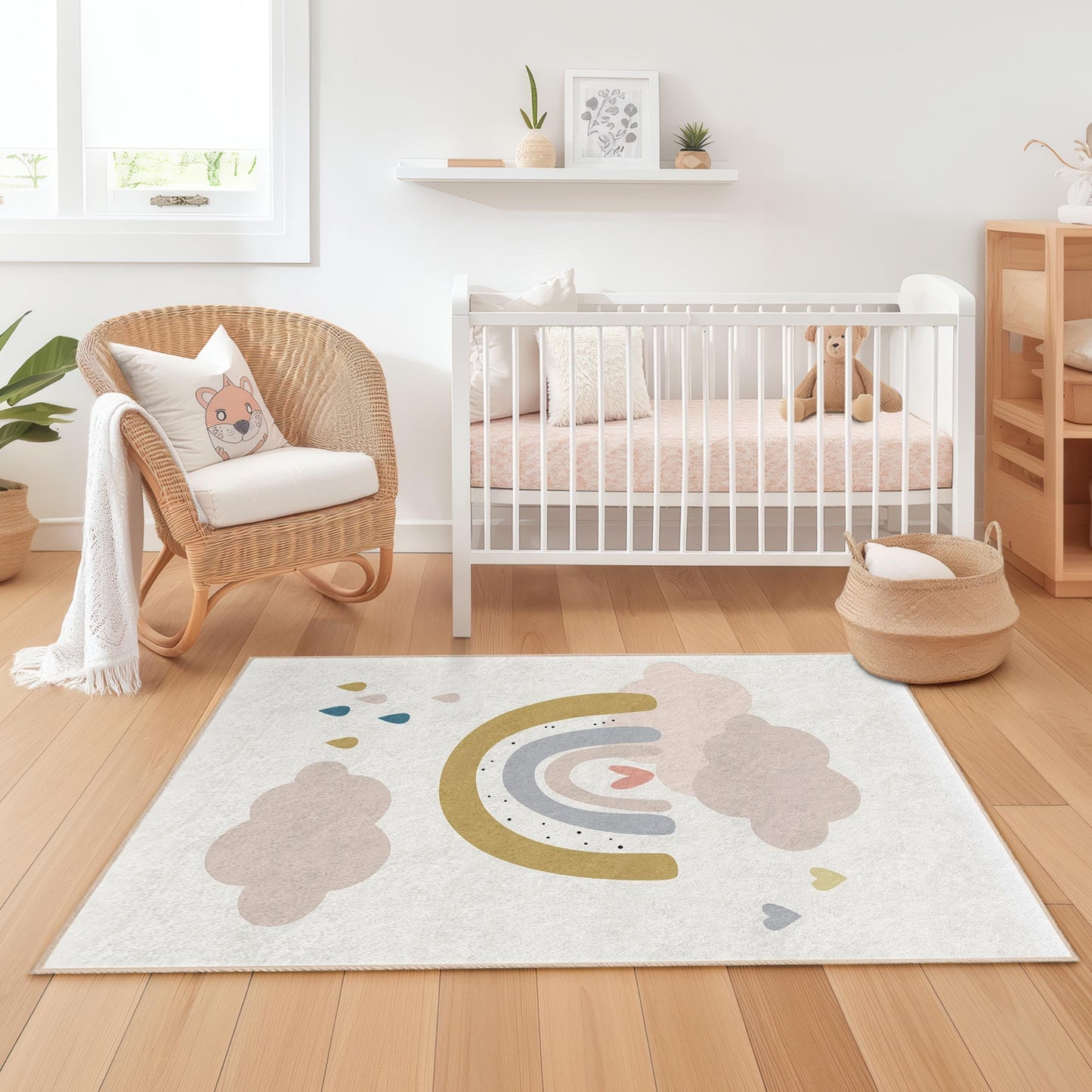 Rechteckiger Kinderteppich „Regenbogenwolke“, weicher Teppich fürs Kinderzimmer, Kinderzimmerdeko, Spielzimmerteppich, bunter Kinderteppich