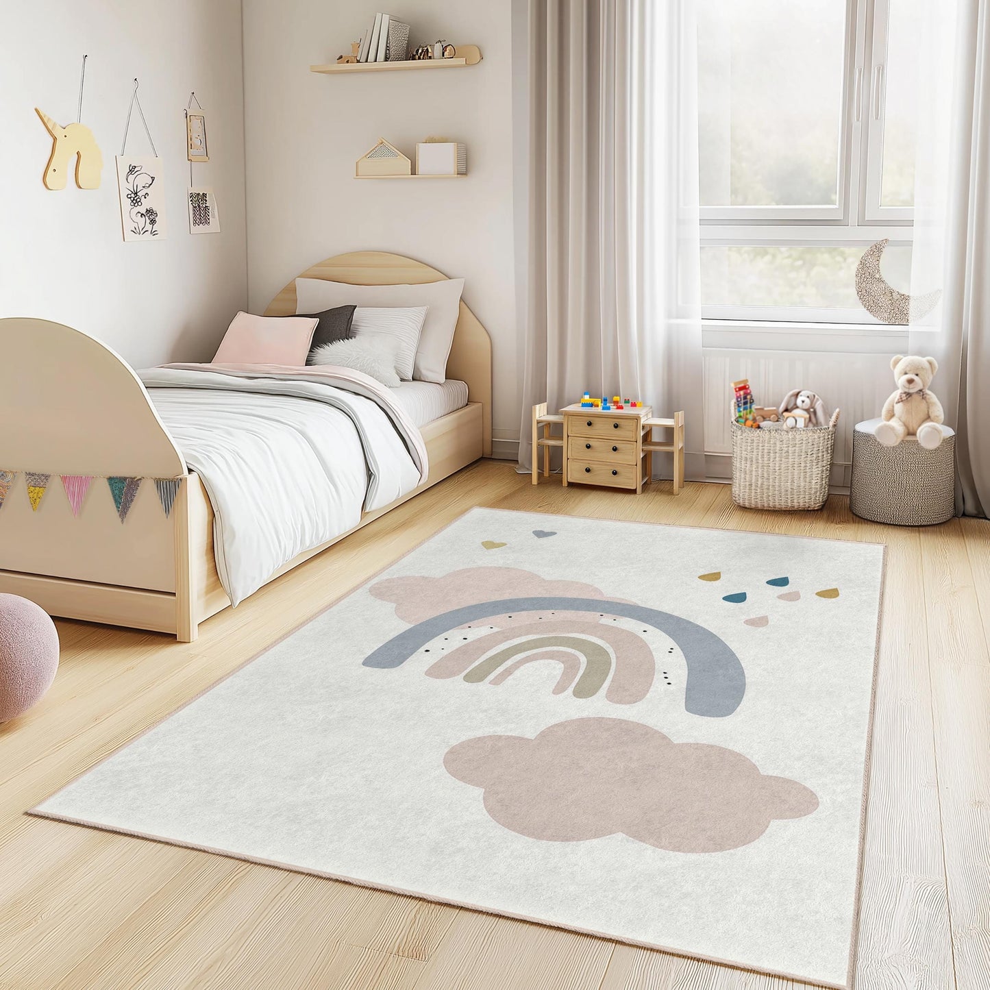 Weicher, rechteckiger Kinderteppich in Pastellfarbenem Regenbogenmuster, bunter Regenbogen-Teppich, Kinderzimmerteppich, Spielzimmerteppich