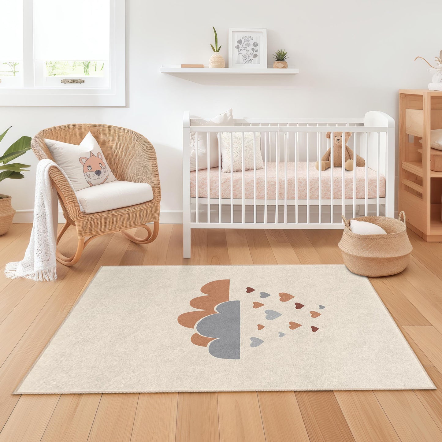 Kinderzimmerteppich mit Wolken- und Herzmotiv, niedlicher Spielteppich fürs Kinderzimmer, rechteckige Spielmatte, weiche Babyzimmerdekoration, bezaubernder Kleinkinderteppich