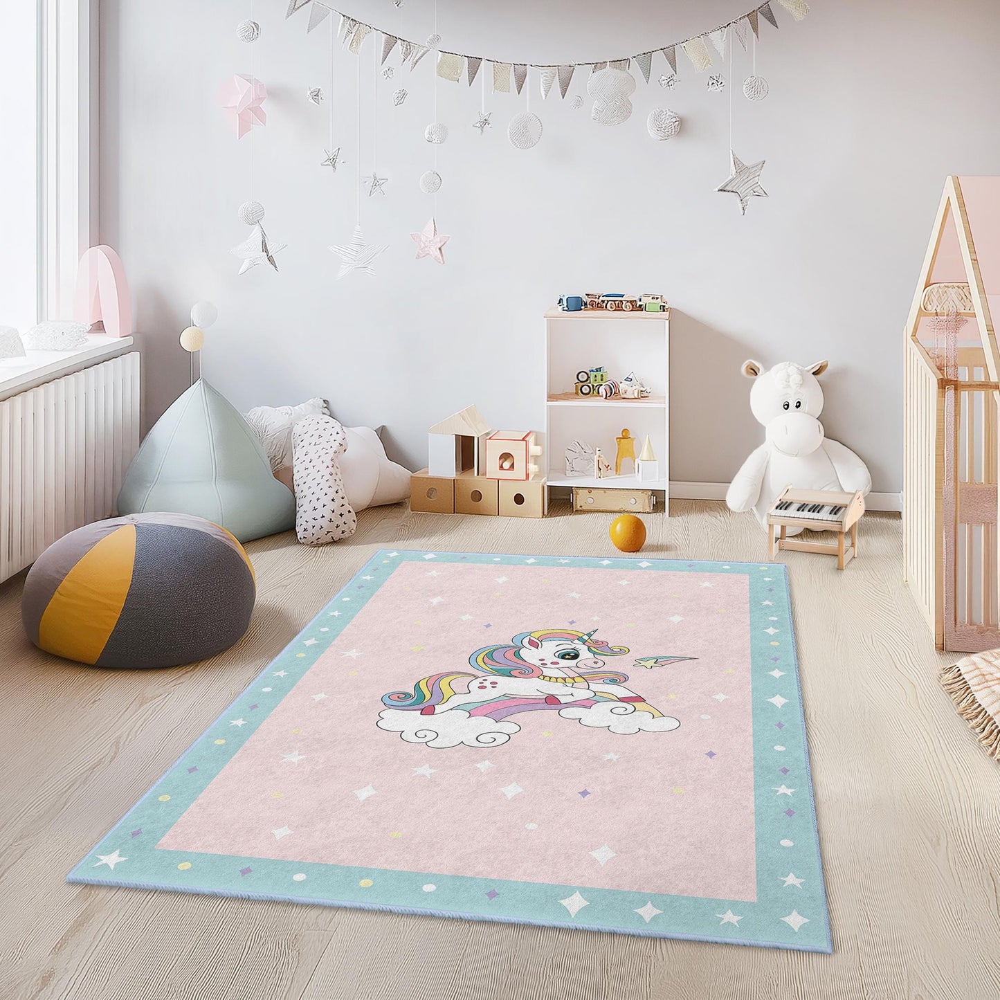 Magischer Einhorn-Kinderteppich, Regenbogen-Einhorn-Teppich für Kinderzimmer, Spielzimmer-Dekoration, weicher rechteckiger Kinderteppich, Fantasie-Kinderzimmerteppich