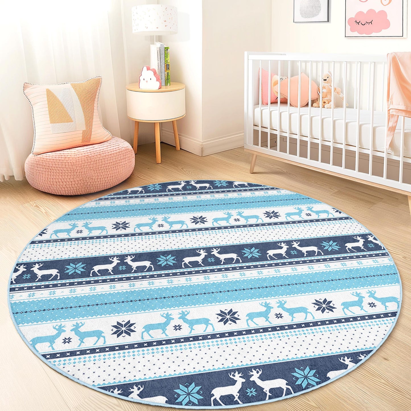 Runder Kinderteppich „Winterwunderland“, Spielmatte mit Schneeflockenmuster, blauer Rentierteppich, weiche Kinderzimmerdekoration, gemütlicher Spielzimmerteppich