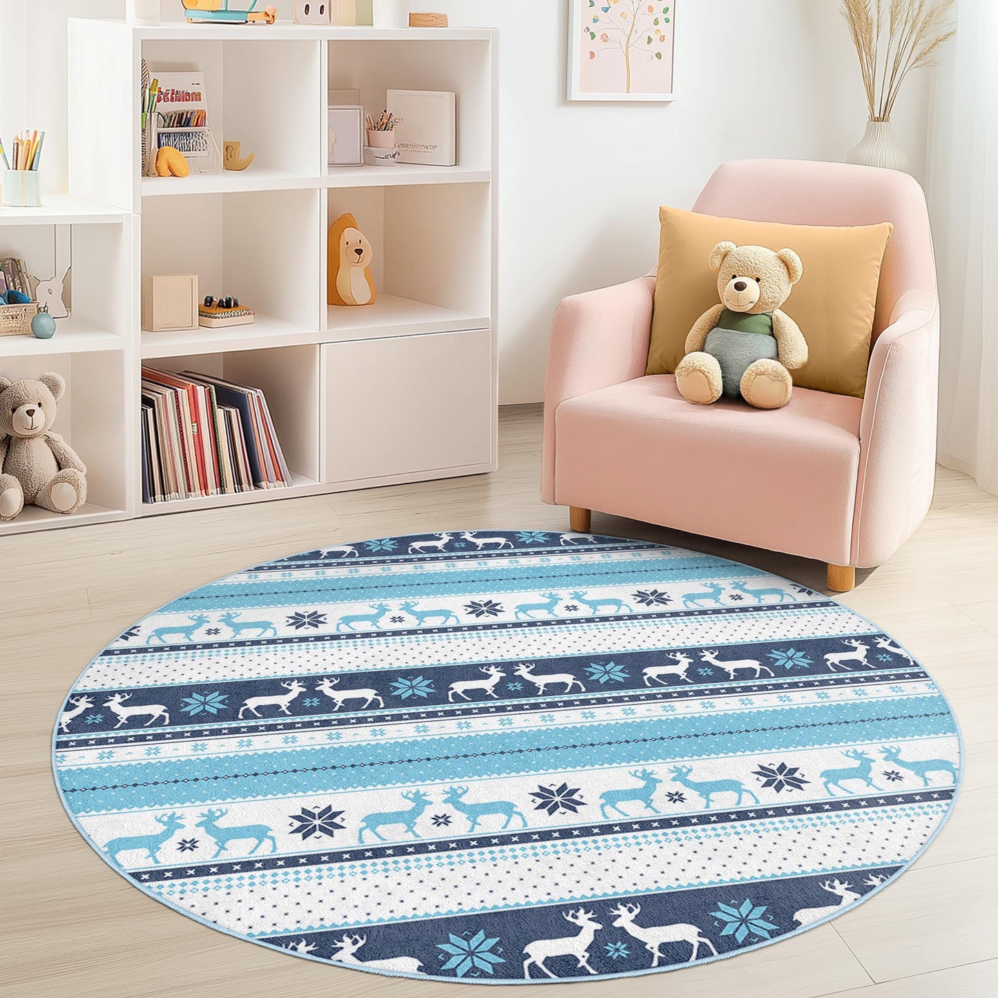 Runder Kinderteppich „Winterwunderland“, Spielmatte mit Schneeflockenmuster, blauer Rentierteppich, weiche Kinderzimmerdekoration, gemütlicher Spielzimmerteppich
