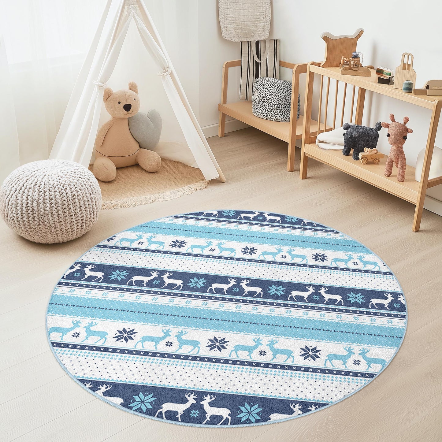 Runder Kinderteppich „Winterwunderland“, Spielmatte mit Schneeflockenmuster, blauer Rentierteppich, weiche Kinderzimmerdekoration, gemütlicher Spielzimmerteppich