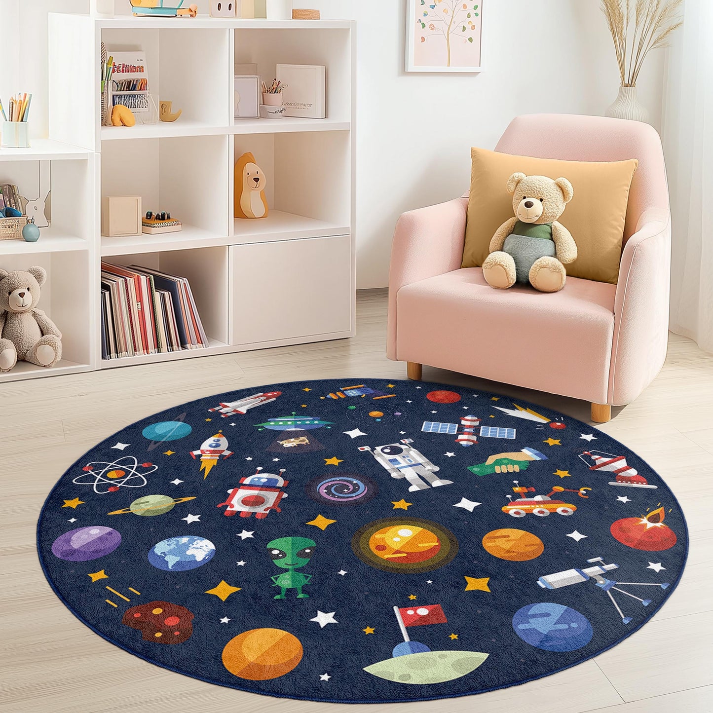 Space Adventure Round Kids Rug, Outer Space Play Mat, Galaxy Decor for Children's Room, Astronaut and Planet Rug, Cosmic Kids Carpet