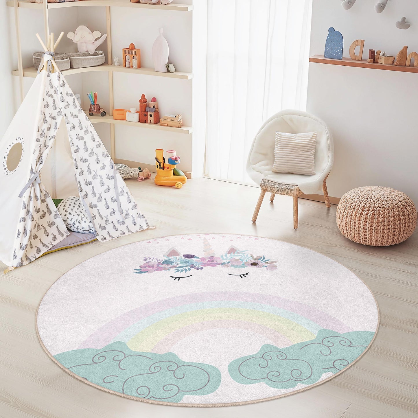 Runder Einhorn-Teppich, niedliche Einhorn-Spielmatte, Kinderzimmerdeko, Babyzimmerteppich, Regenbogen-Teppich, weicher Spielteppich