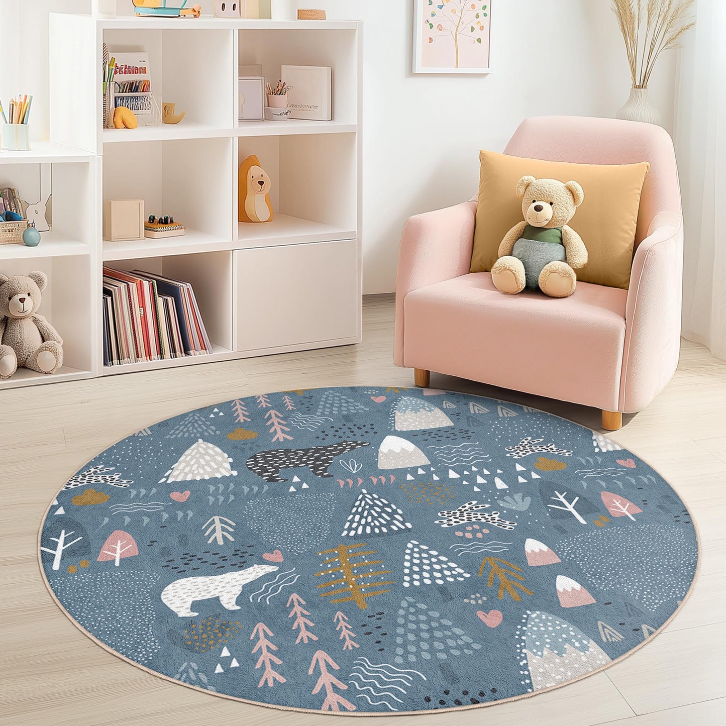 Runder Kinderteppich mit verspieltem Waldmotiv, Bären- und Baummuster, weiche Spielmatte, Kinderzimmerdekoration, Spielzimmerteppich