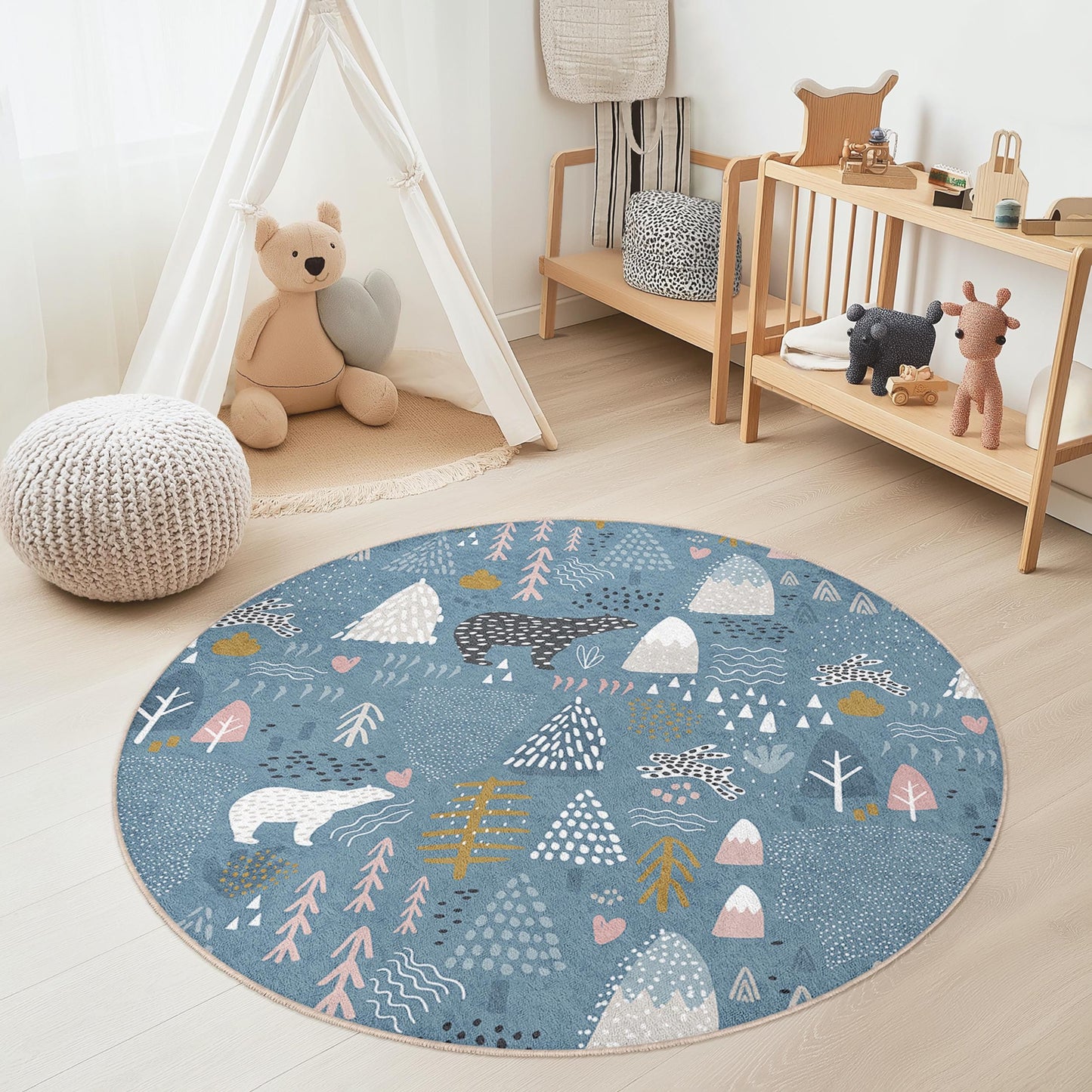 Runder Kinderteppich mit verspieltem Waldmotiv, Bären- und Baummuster, weiche Spielmatte, Kinderzimmerdekoration, Spielzimmerteppich