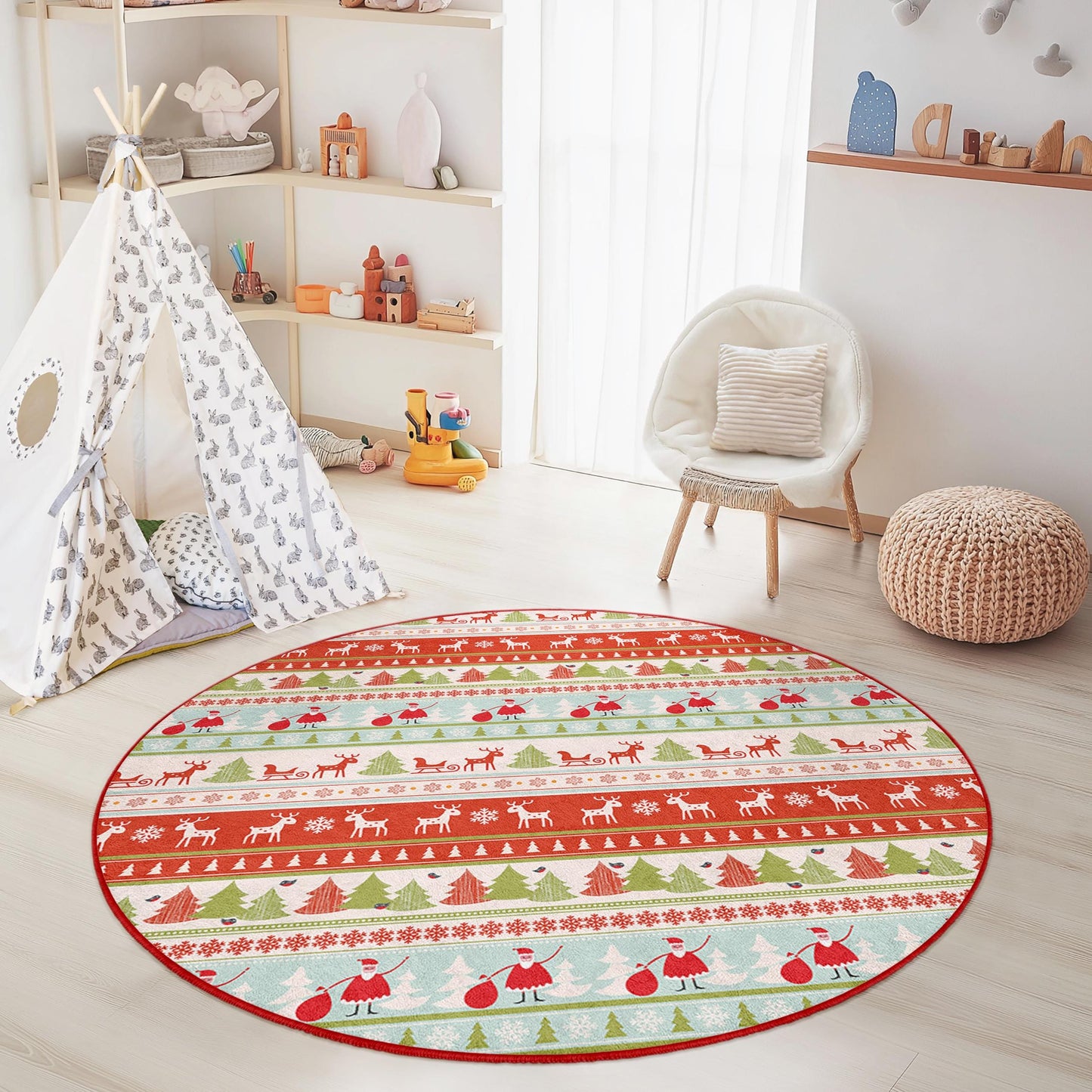 Festlicher runder Weihnachtsteppich, Weihnachtsteppich fürs Kinderzimmer, Weihnachtsmotiv mit Weihnachtsmann und Rentier, gemütliche Weihnachtsmatte
