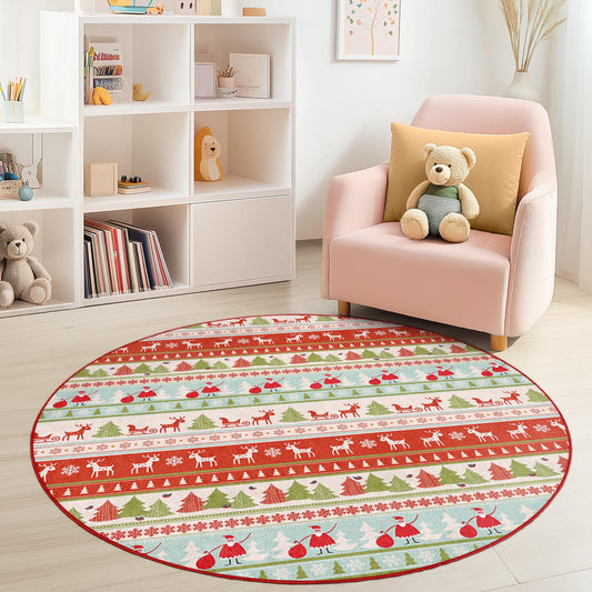 Festive Christmas Round Area Rug, Holiday Decor Rug, Kids Room Christmas Rug, Santa and Reindeer Pattern, Cozy Holiday Mat