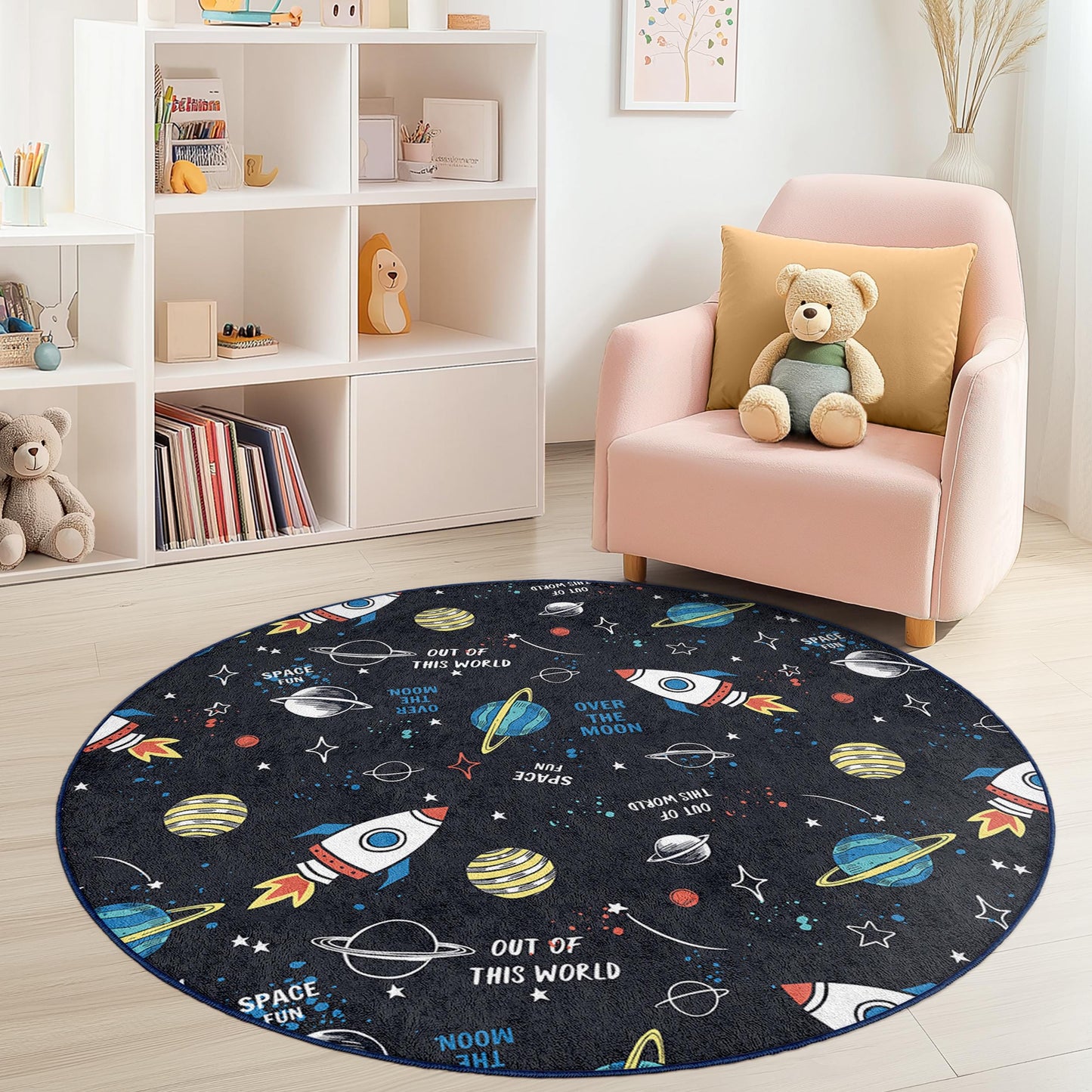 Runder Kinderteppich mit Raketenmotiv, Weltraum-Spielmatte, Astronautenzimmer-Deko, Galaxie-Teppich für Kinder, Kinderzimmerteppich