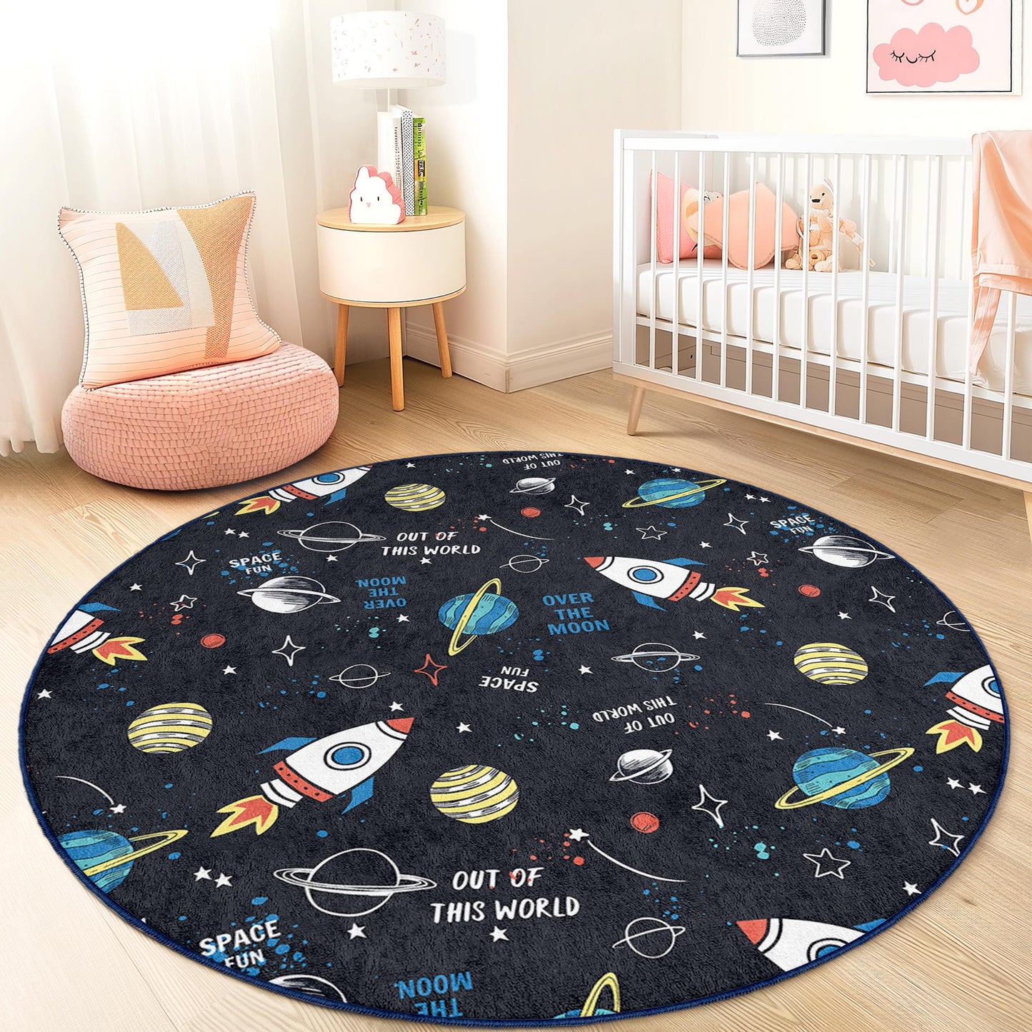 Runder Kinderteppich mit Raketenmotiv, Weltraum-Spielmatte, Astronautenzimmer-Deko, Galaxie-Teppich für Kinder, Kinderzimmerteppich